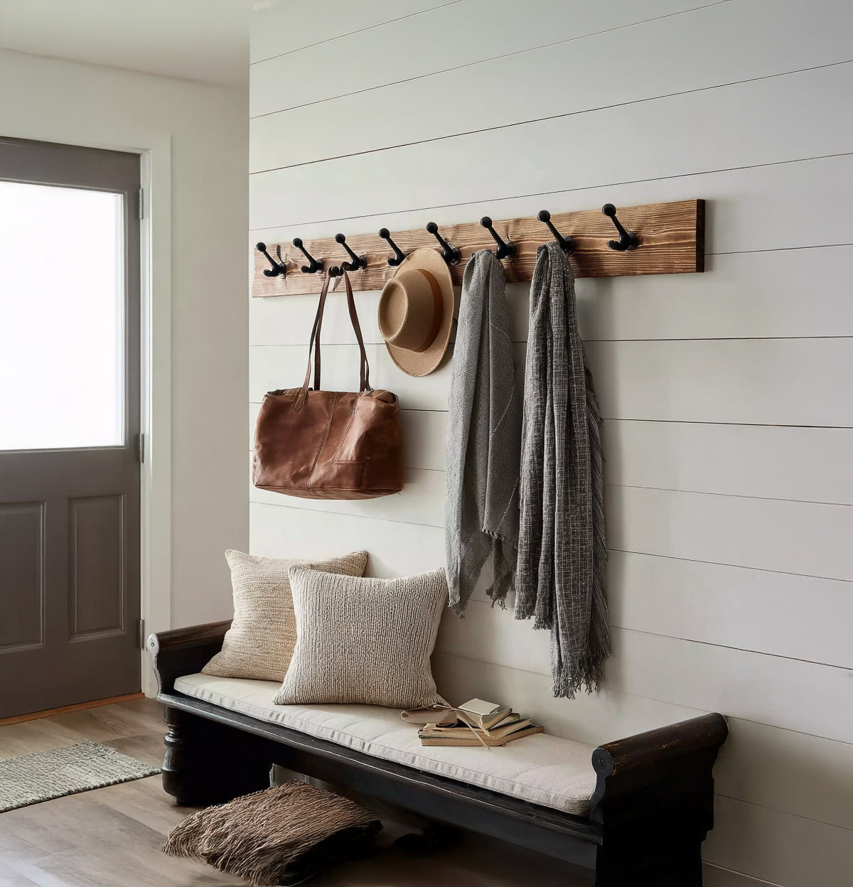 Wooden Wall Coat Rack with Black Hooks – Farmhouse Entryway & Mudroom Organizer