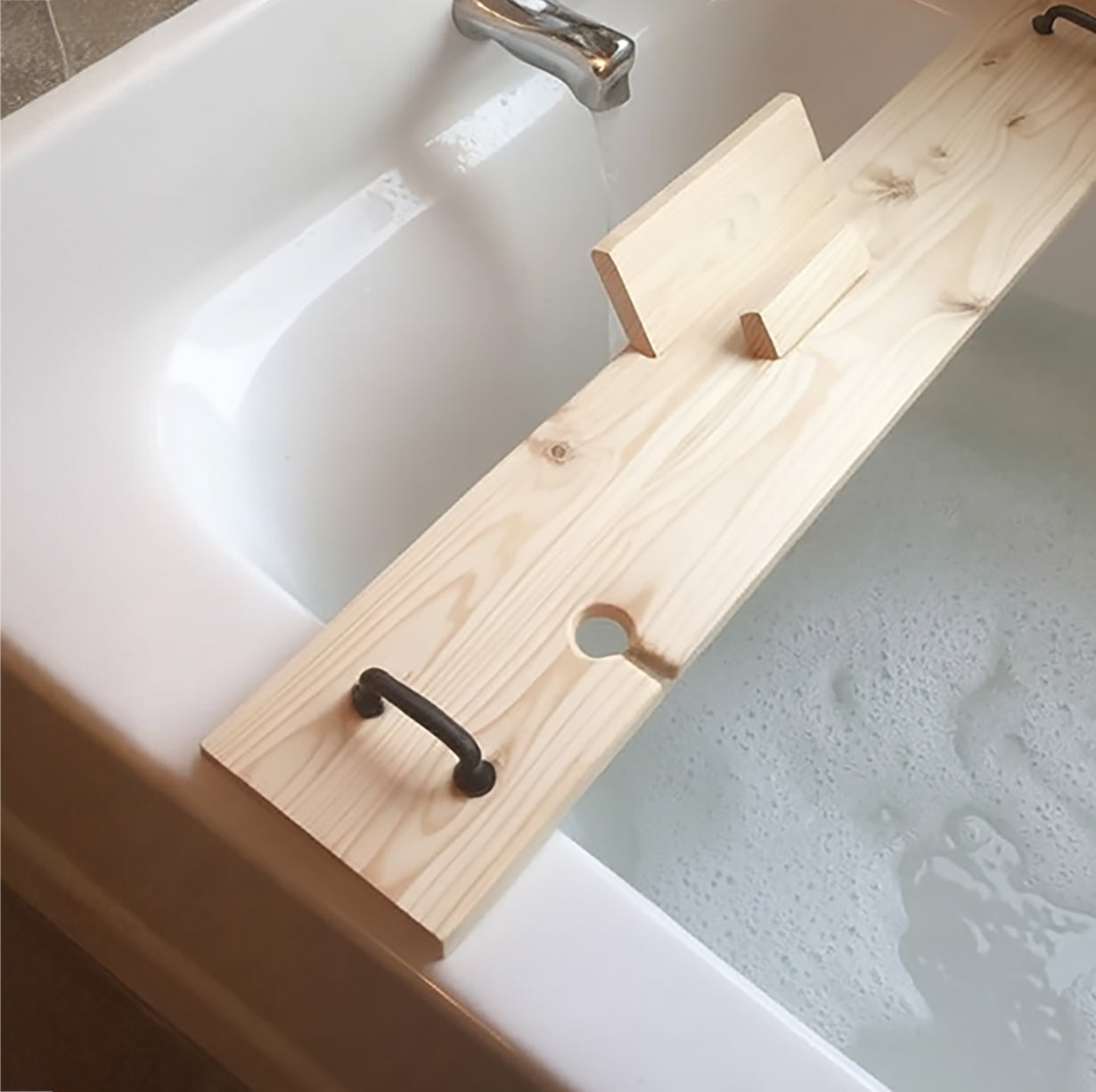 Rustic Wooden Bath Tray with Phone/Book Stand & Handles