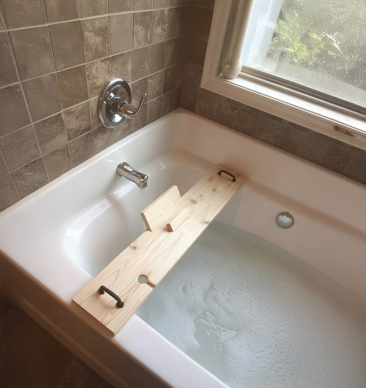 Rustic Wooden Bath Tray with Phone/Book Stand & Handles