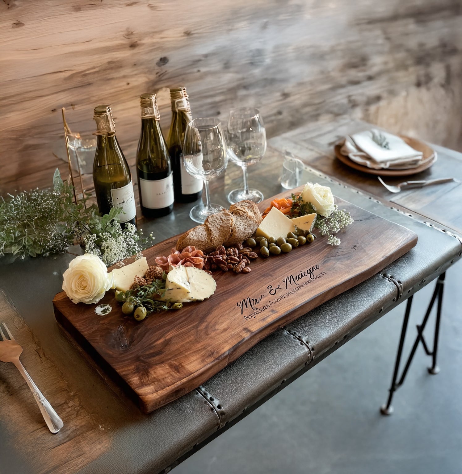 Rustic wooden charcuterie board with cheese, olives, nuts, bread, and white roses on leather table with wine bottles and glasses