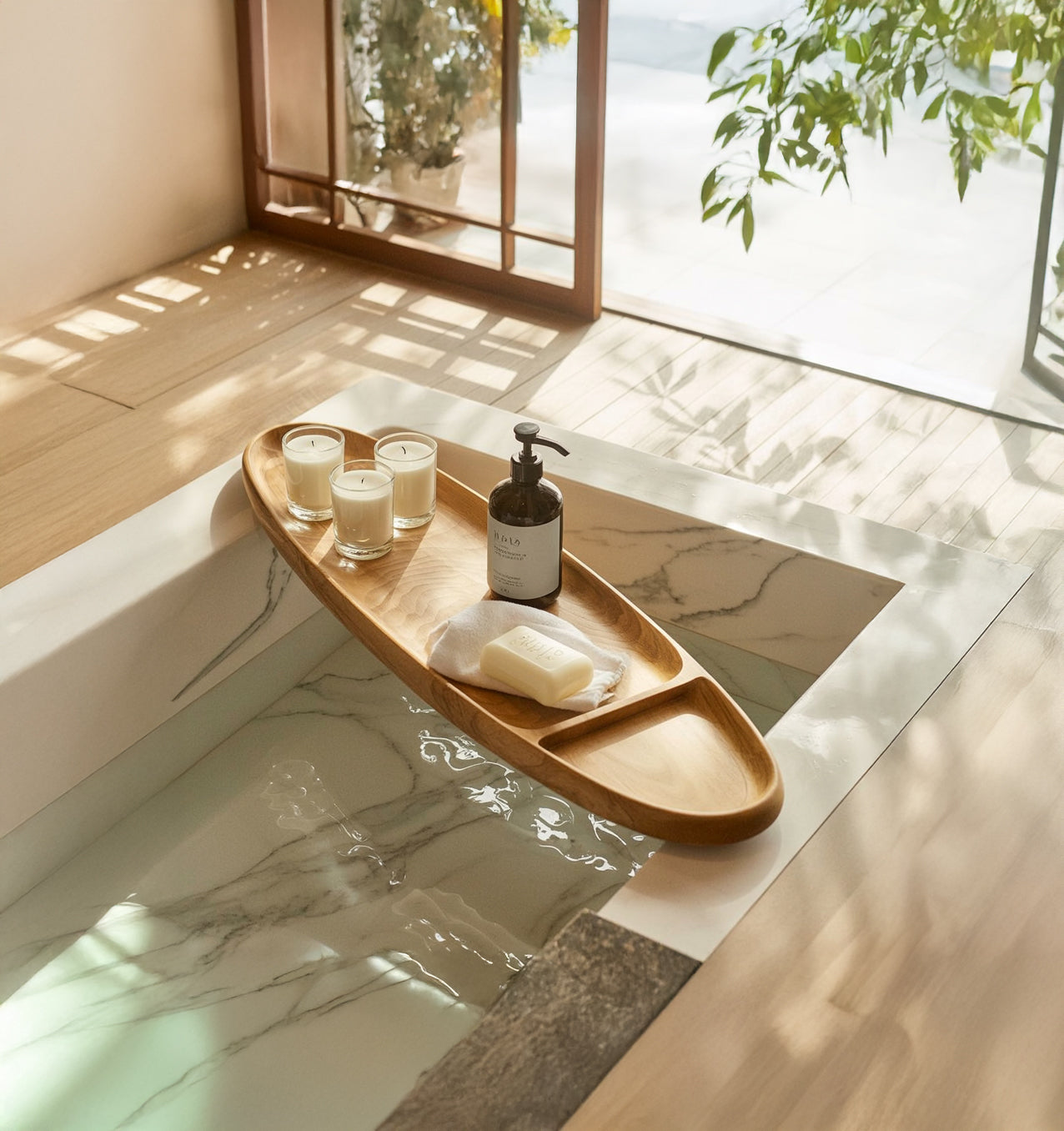 Handcrafted Wooden Bathtub Tray – Natural Spa Bath Caddy with Candle & Soap Holders