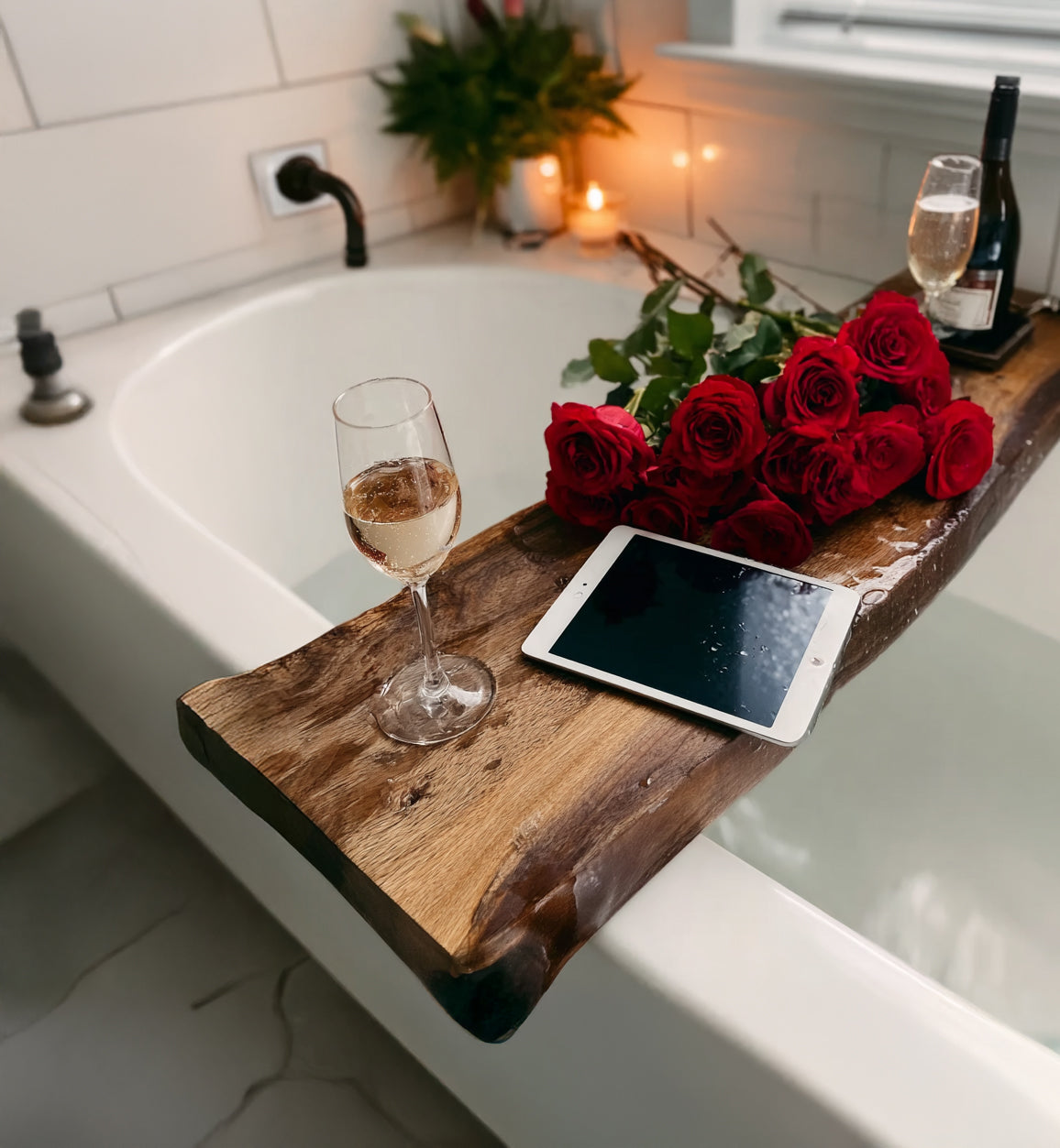Wooden bath tray with glass of champagne, red roses, and tablet on white bathtub edge