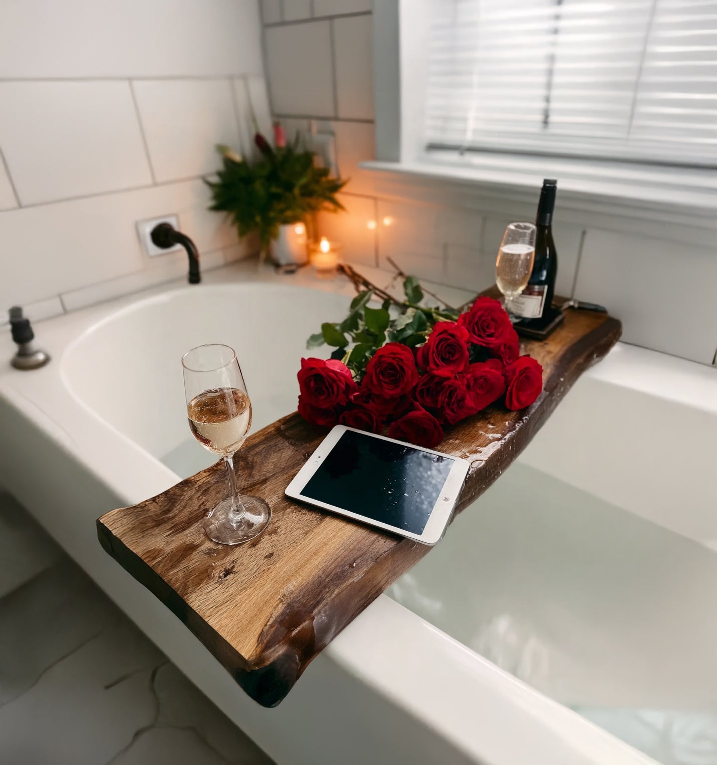 Romantic bathtub scene with red roses, champagne glasses, wine bottle, and tablet on wooden bath tray