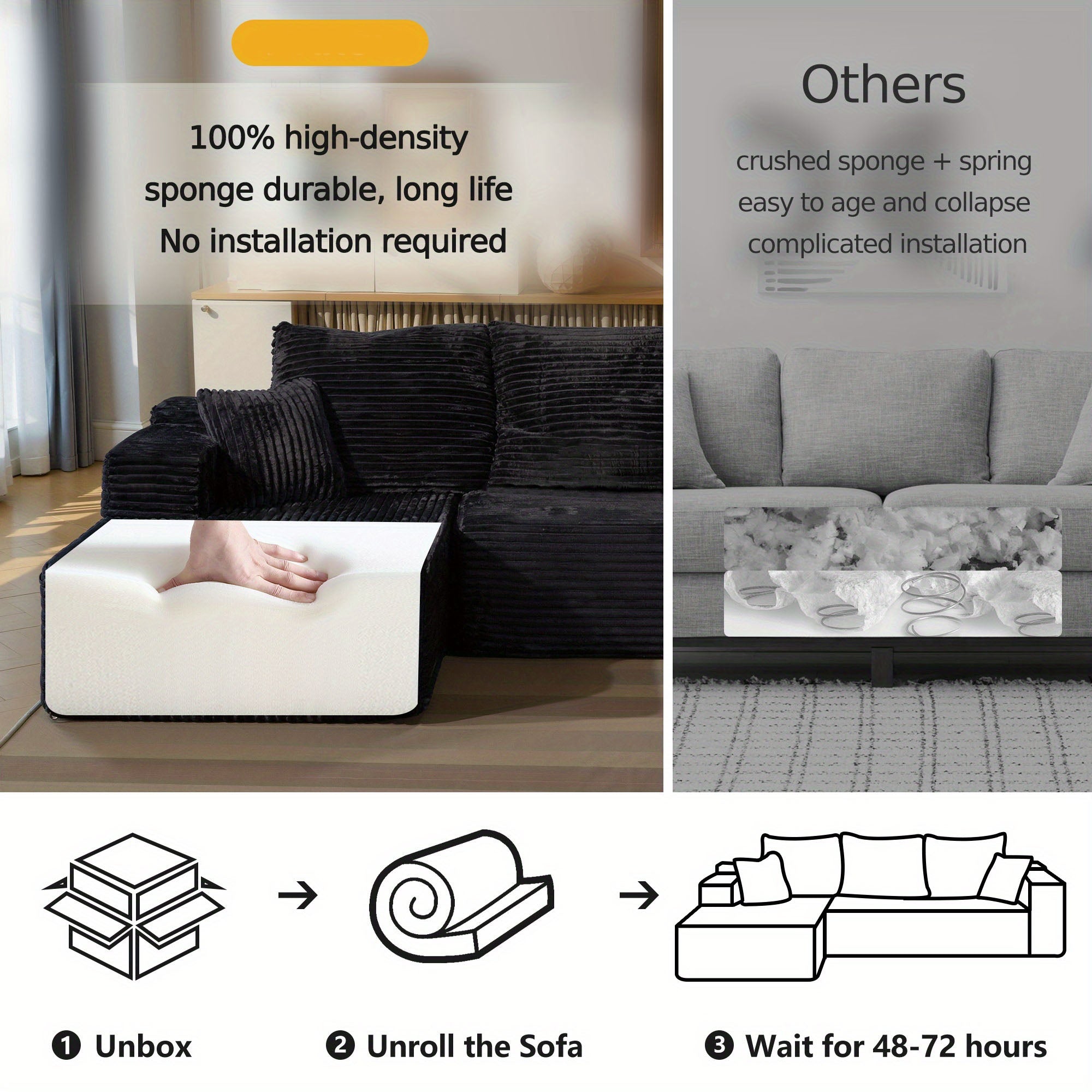 108" Oversized L Shaped Boneless Couch With Chaise No Assembly Required