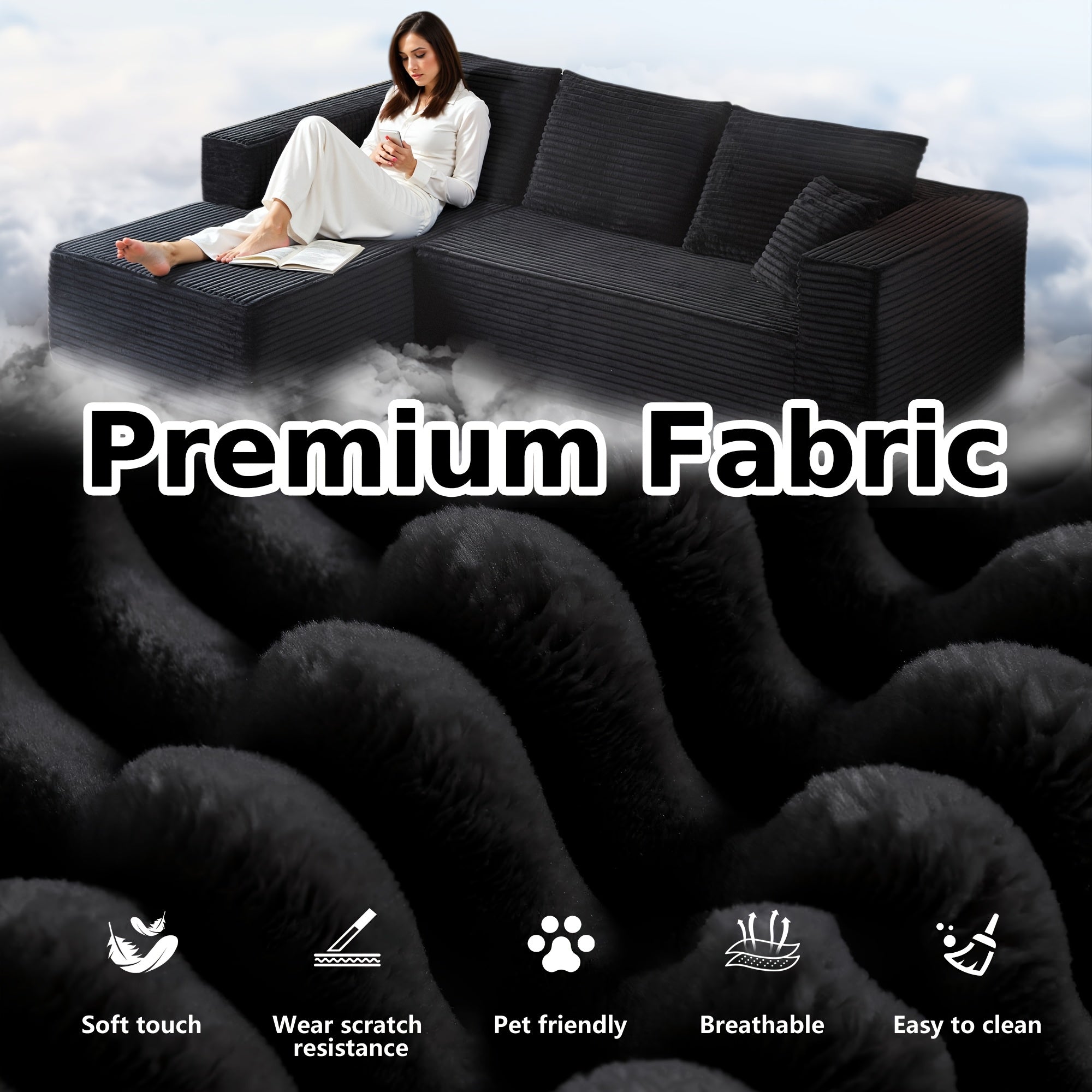 108" Oversized L Shaped Boneless Couch With Chaise No Assembly Required