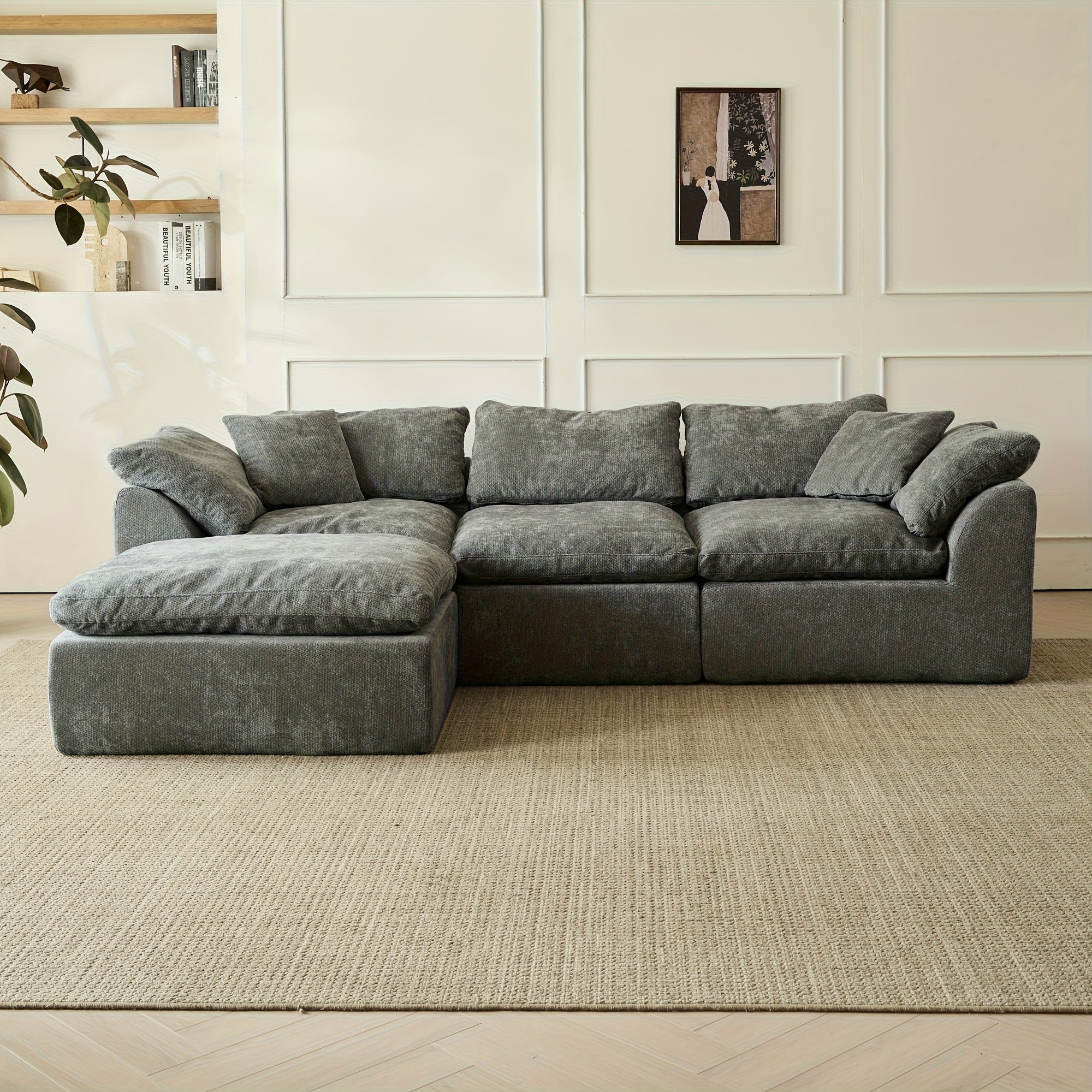 109" Modern L-Shape Boneless Couch with Ottoman