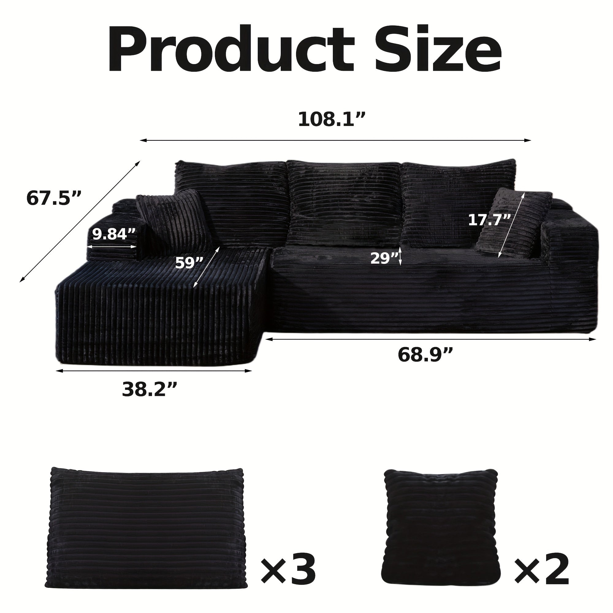 108" Oversized L Shaped Boneless Couch With Chaise No Assembly Required