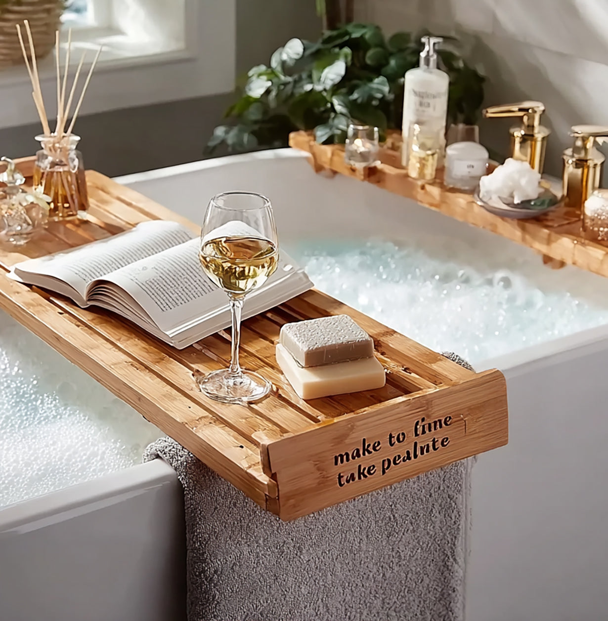 Handcrafted Wood Bath Tray – Bathtub Caddy with Candle, Wine & Tablet Slots