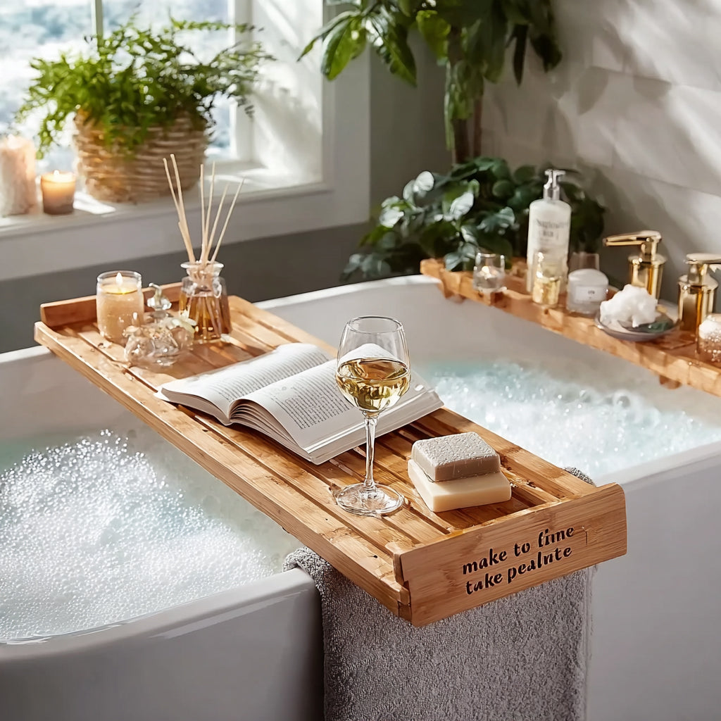 Handcrafted Wood Bath Tray – Bathtub Caddy with Candle, Wine & Tablet Slots