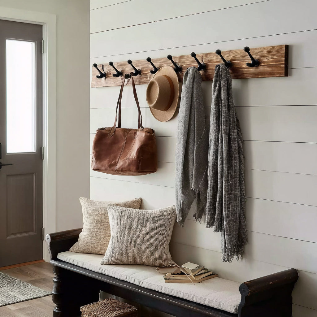 Wooden Wall Coat Rack with Black Hooks – Farmhouse Entryway & Mudroom Organizer