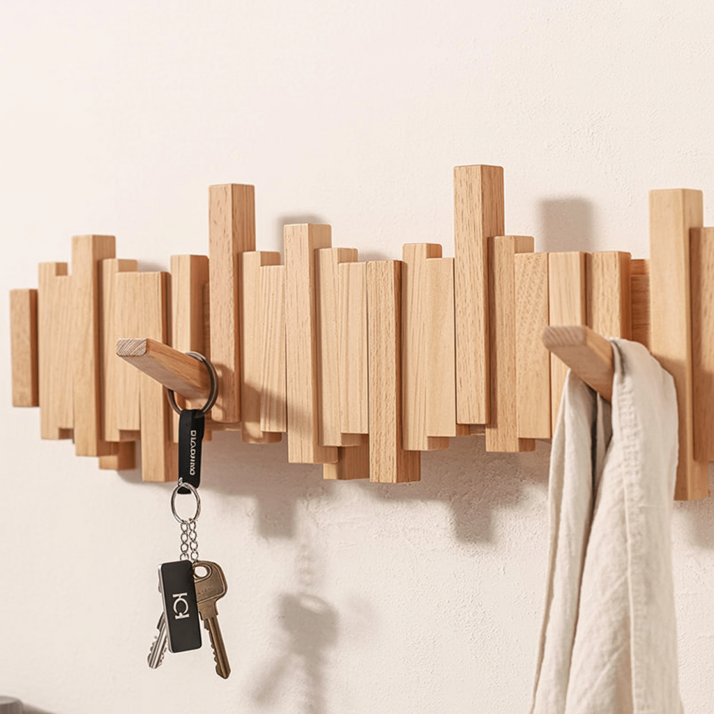 Walnut Piano Coat Rack Wall Mount – Rustic Wood Hooks & Key Holder