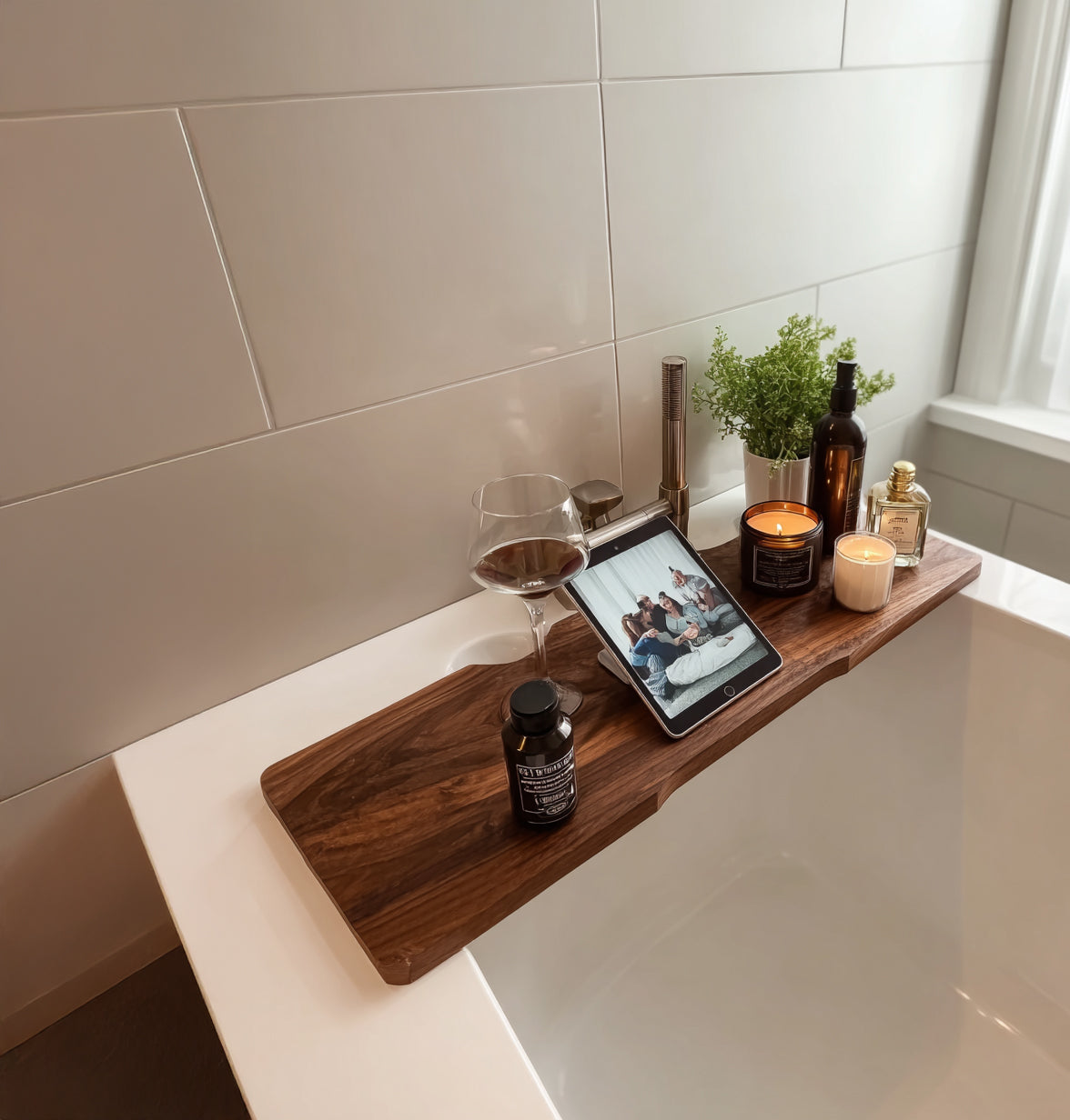 Handmade live edge bathtub tray in solid wood
