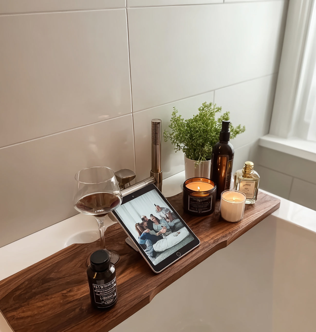 Rustic reclaimed wood bathtub shelf for spa relaxation