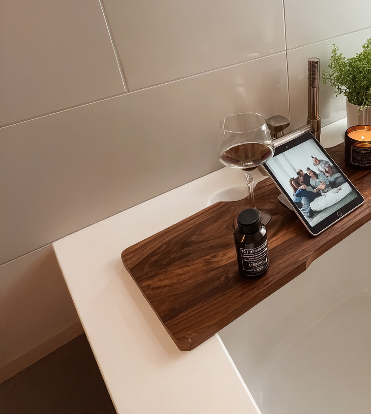 Handmade wooden bathtub tray crafted from reclaimed wood