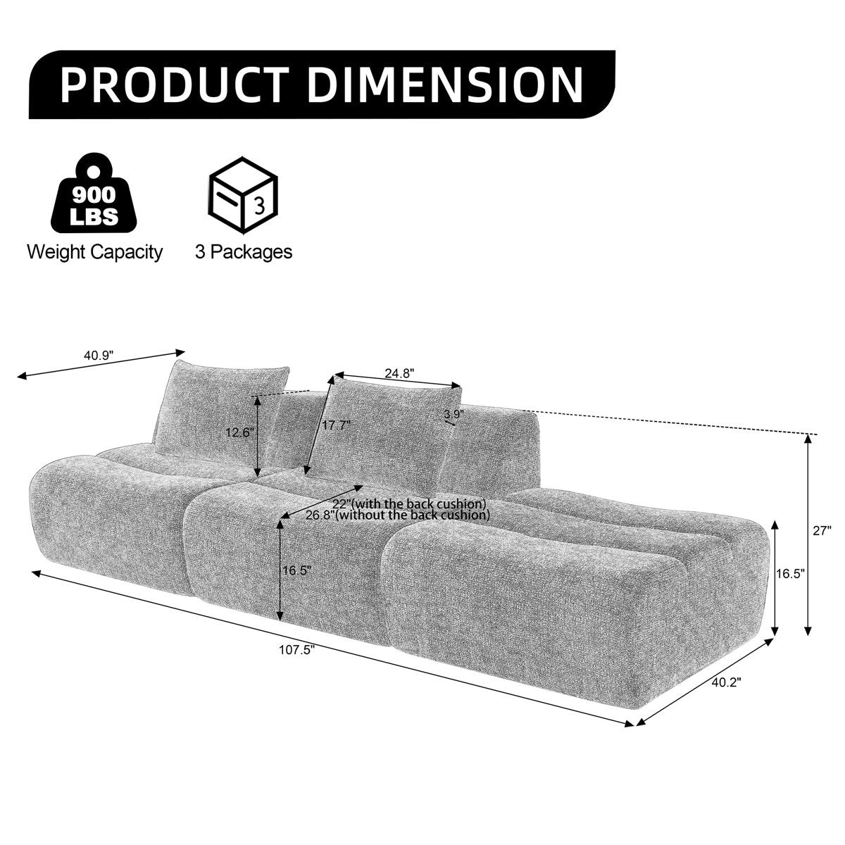 107.5" Modern Chenille Upholstered 3-seater