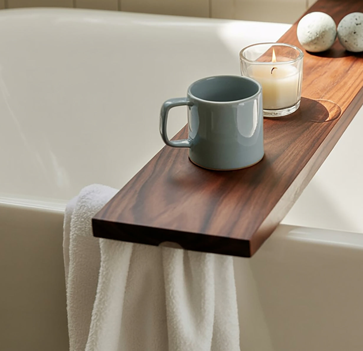 Solid Wood Bath Tray with Towel Slot – Minimalist Luxury Bathtub Caddy