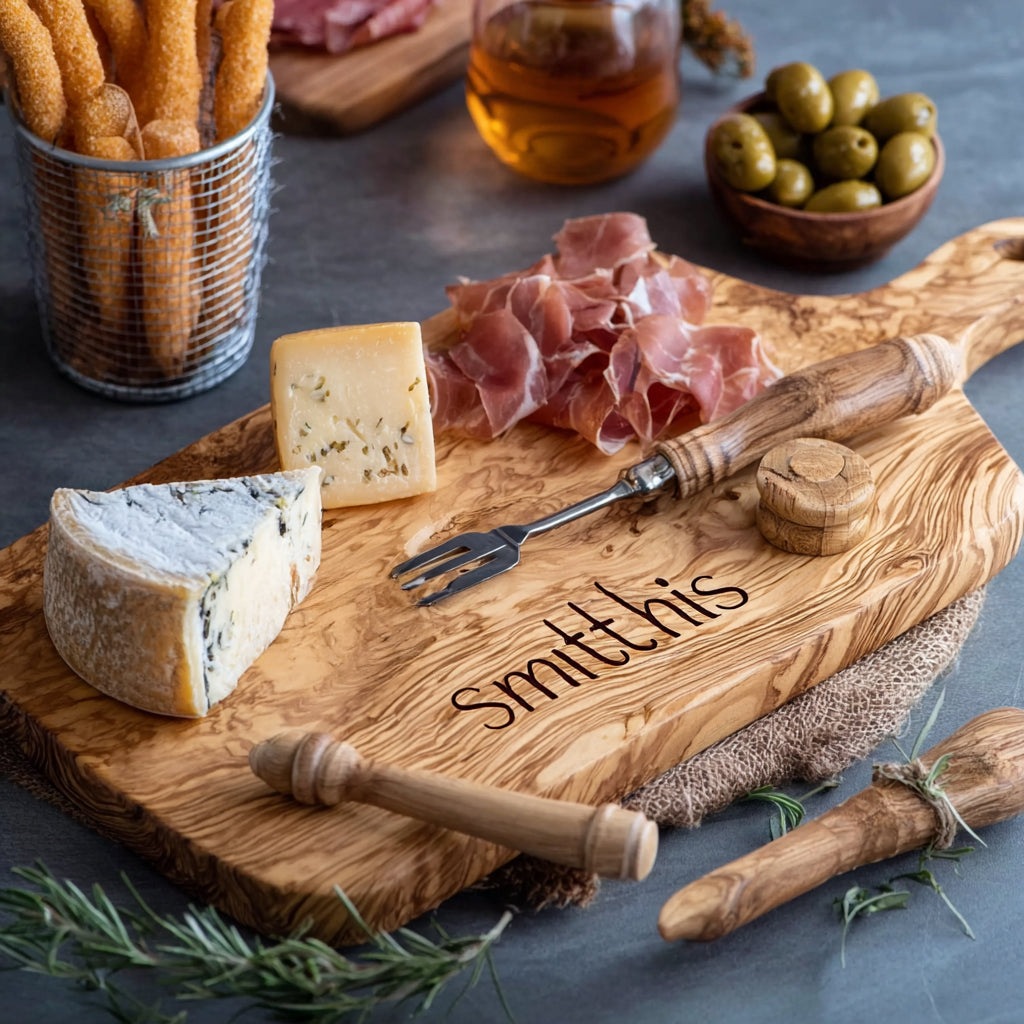 Olive wood cheese board engraved with 'Smithis,' holding two cheese wedges and prosciutto, with olives and breadsticks