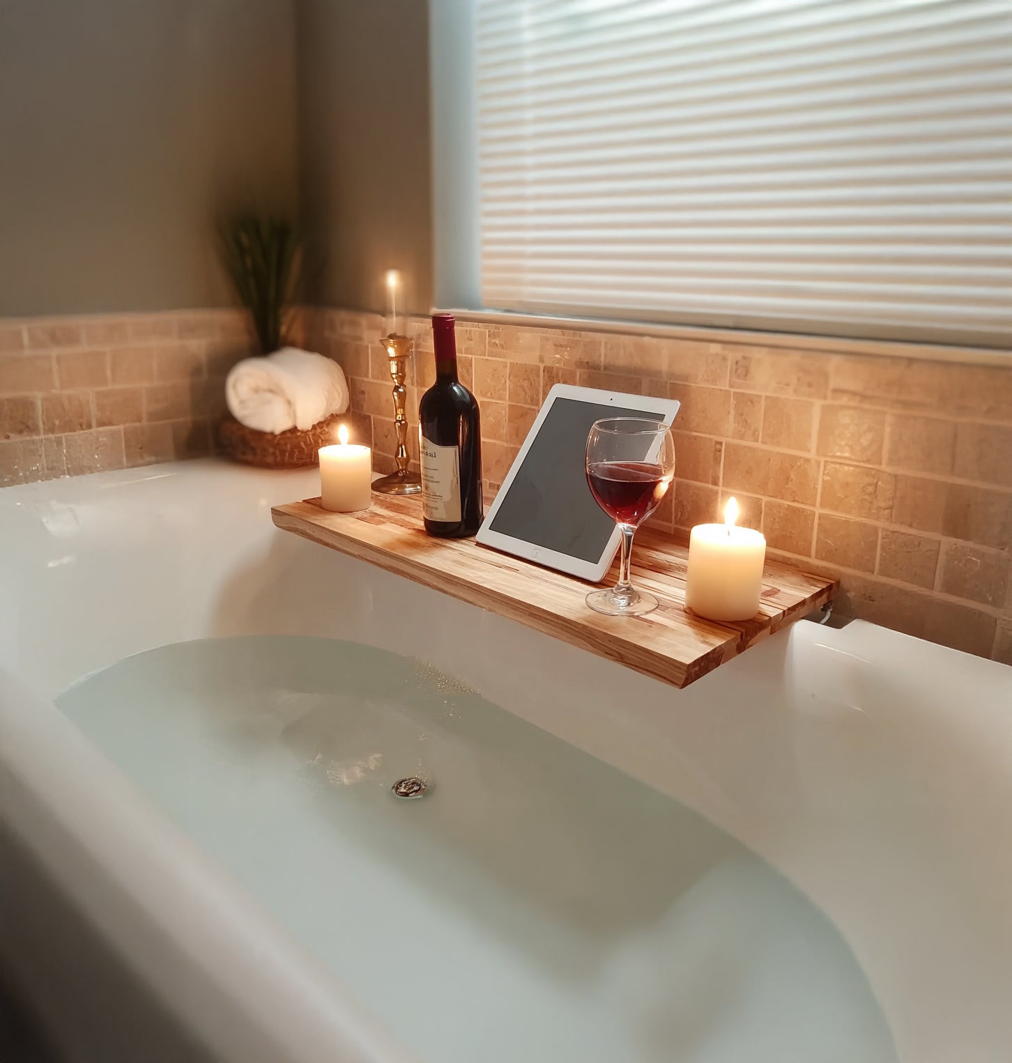 Handcrafted Bathtub Tray – Wooden Spa Bath Caddy for Tablet & Wine