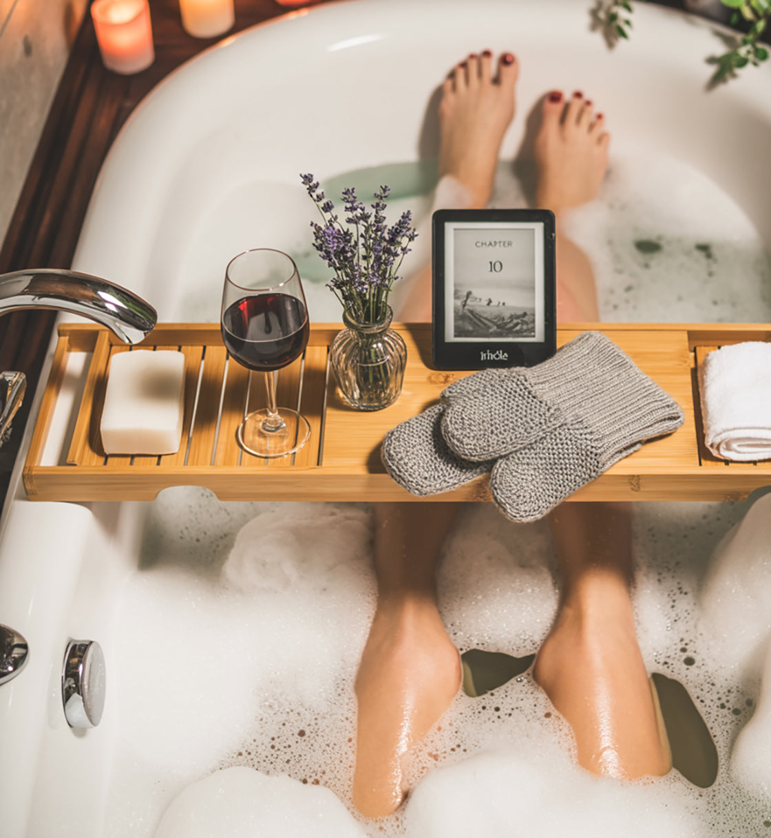 Expandable Bamboo Bathtub Caddy – Spa Bath Tray for Wine, Books & Tablet