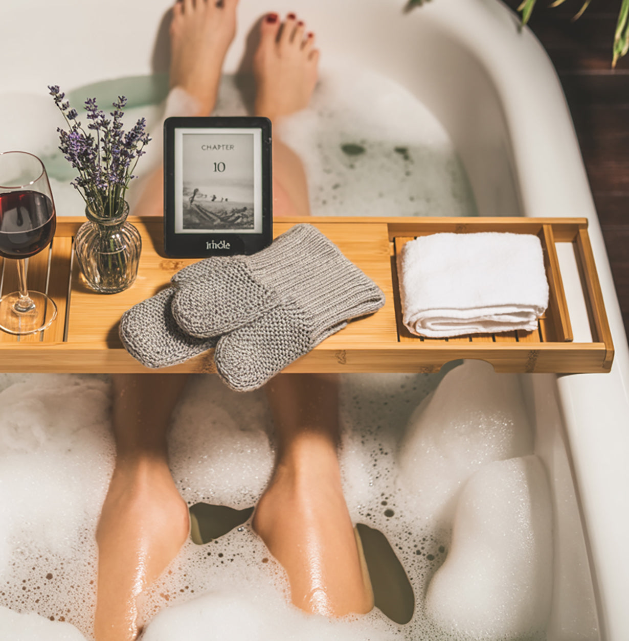 Expandable Bamboo Bathtub Caddy – Spa Bath Tray for Wine, Books & Tablet