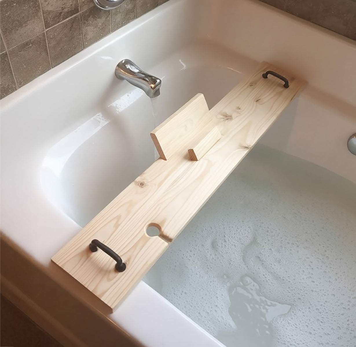 Rustic Wooden Bath Tray with Phone/Book Stand & Handles
