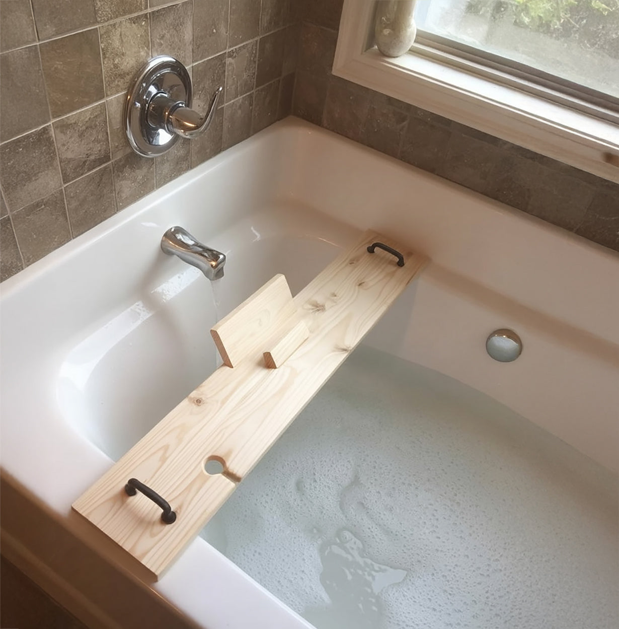 Rustic Wooden Bath Tray with Phone/Book Stand & Handles