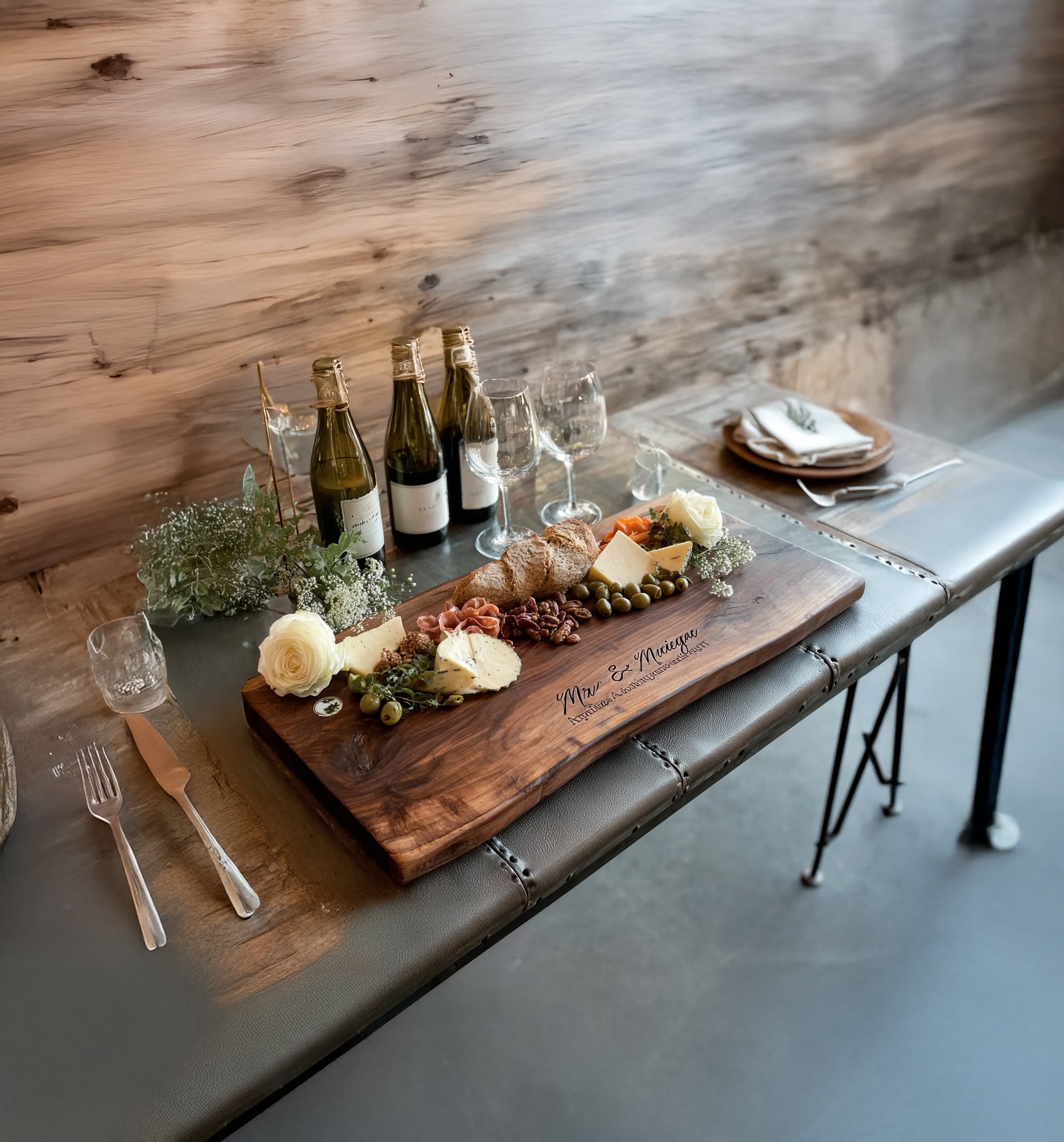 Rustic wooden charcuterie board with cheese, olives, nuts, bread, roses, and wine bottles on a leather bench