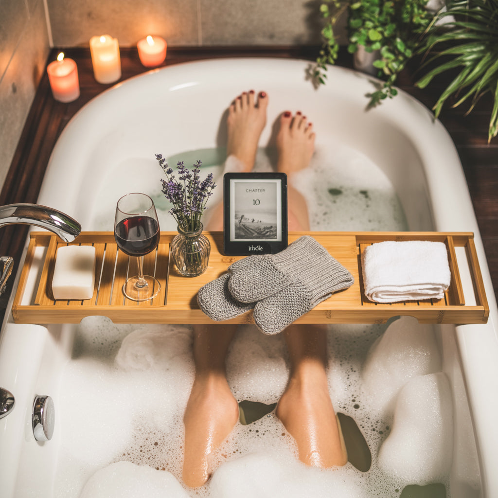 Expandable Bamboo Bathtub Caddy – Spa Bath Tray for Wine, Books & Tablet