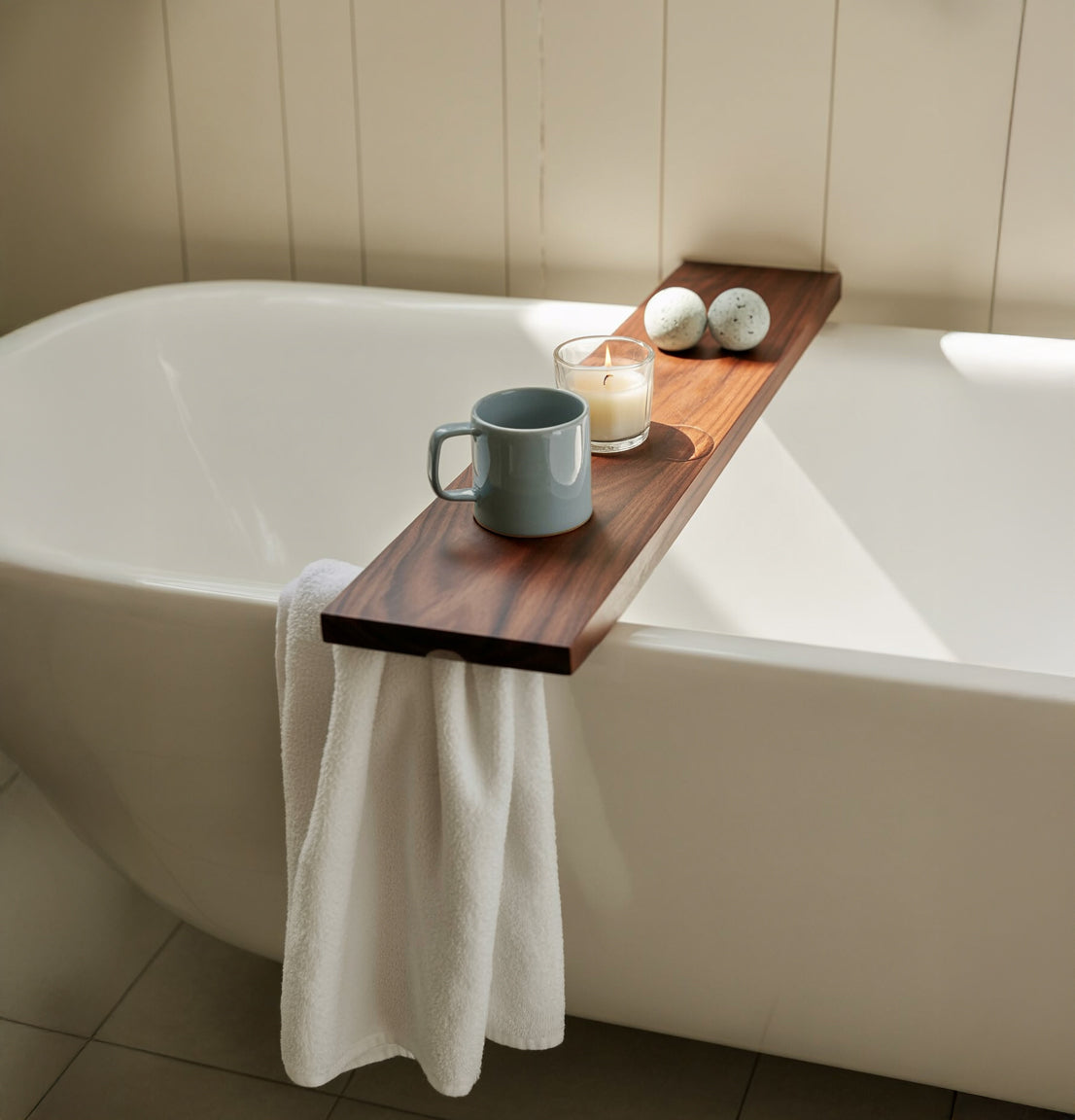 Solid Wood Bath Tray with Towel Slot – Minimalist Luxury Bathtub Caddy