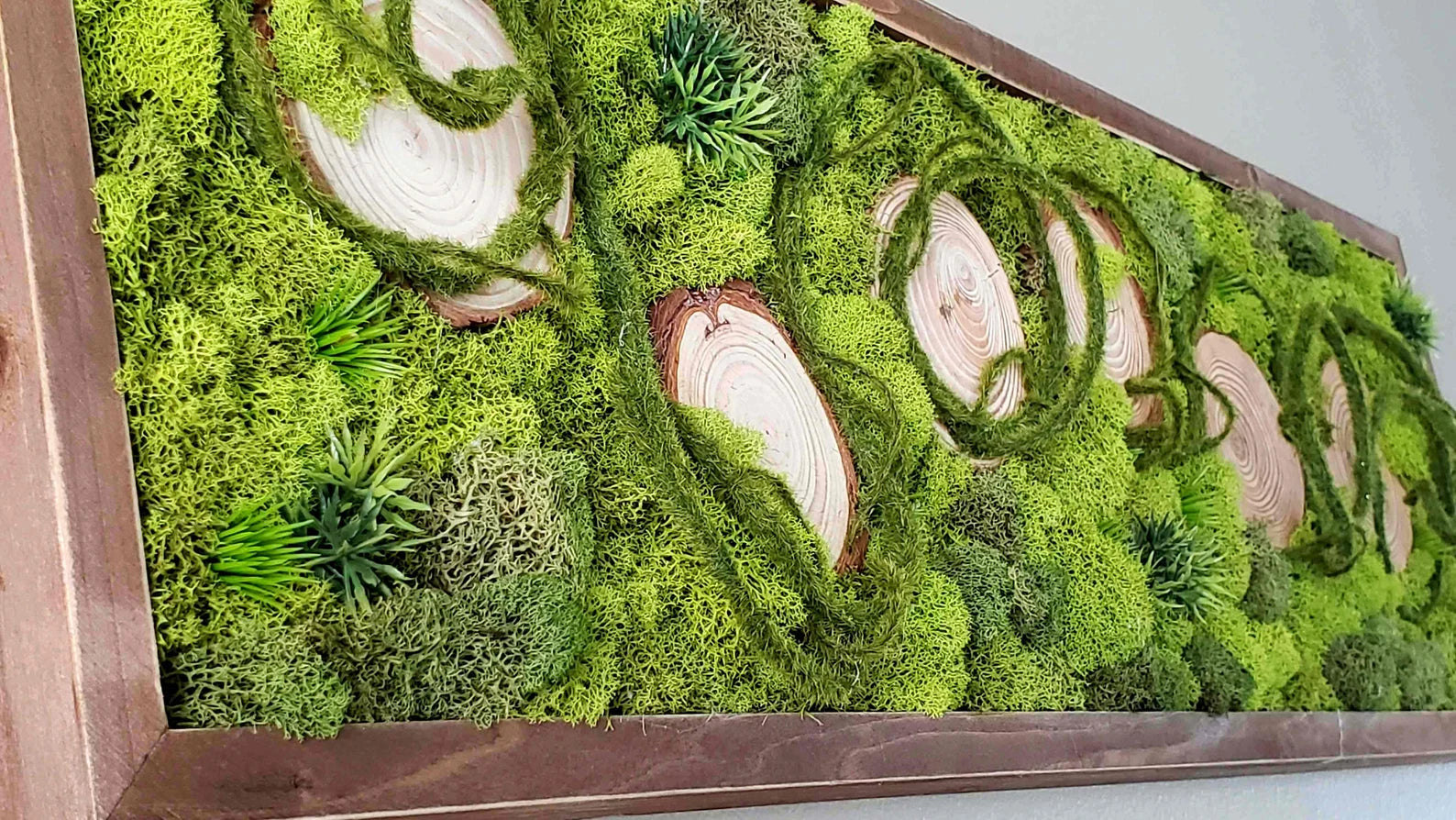 Wood Slice Moss Wall Art – Preserved Green Moss Picture | Farmhouse Decor with Natural Frame