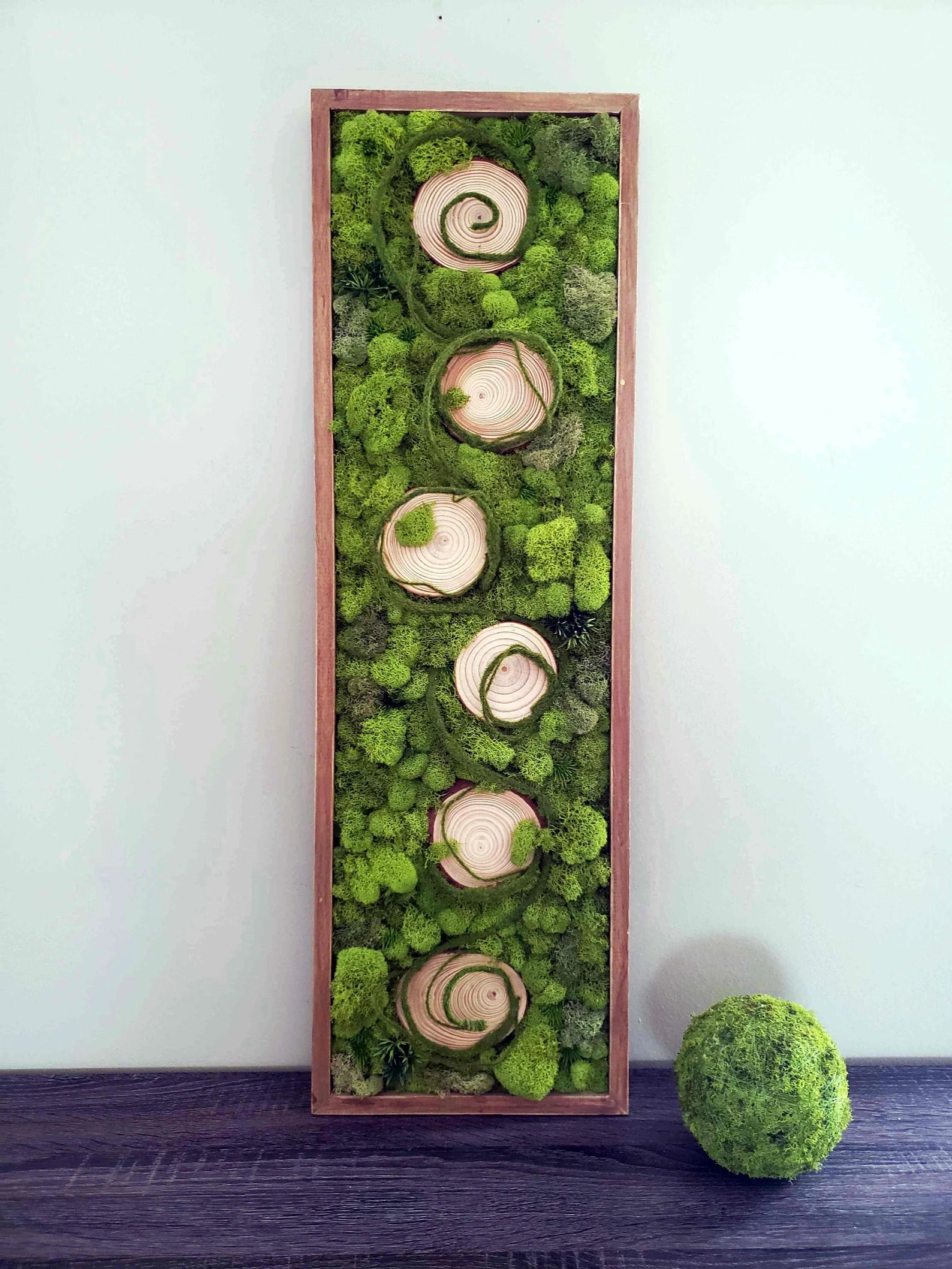 Wood Slice Moss Wall Art – Preserved Green Moss Picture | Farmhouse Decor with Natural Frame