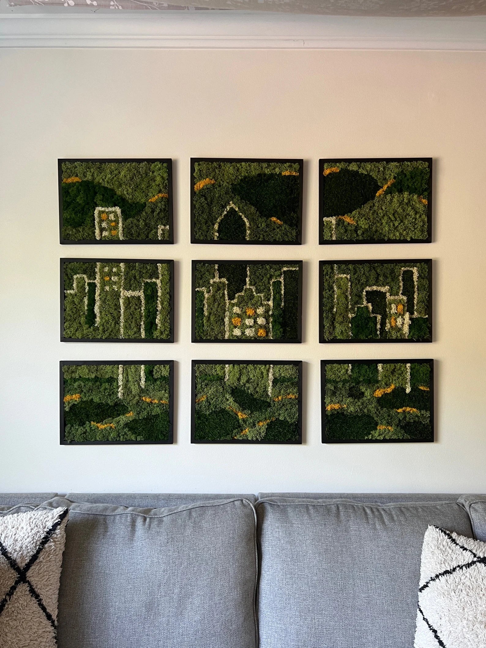 Moss Wall Art – Preserved Moss Wall Decor with Nine Rectangle Wood Frames | City Skyline Design