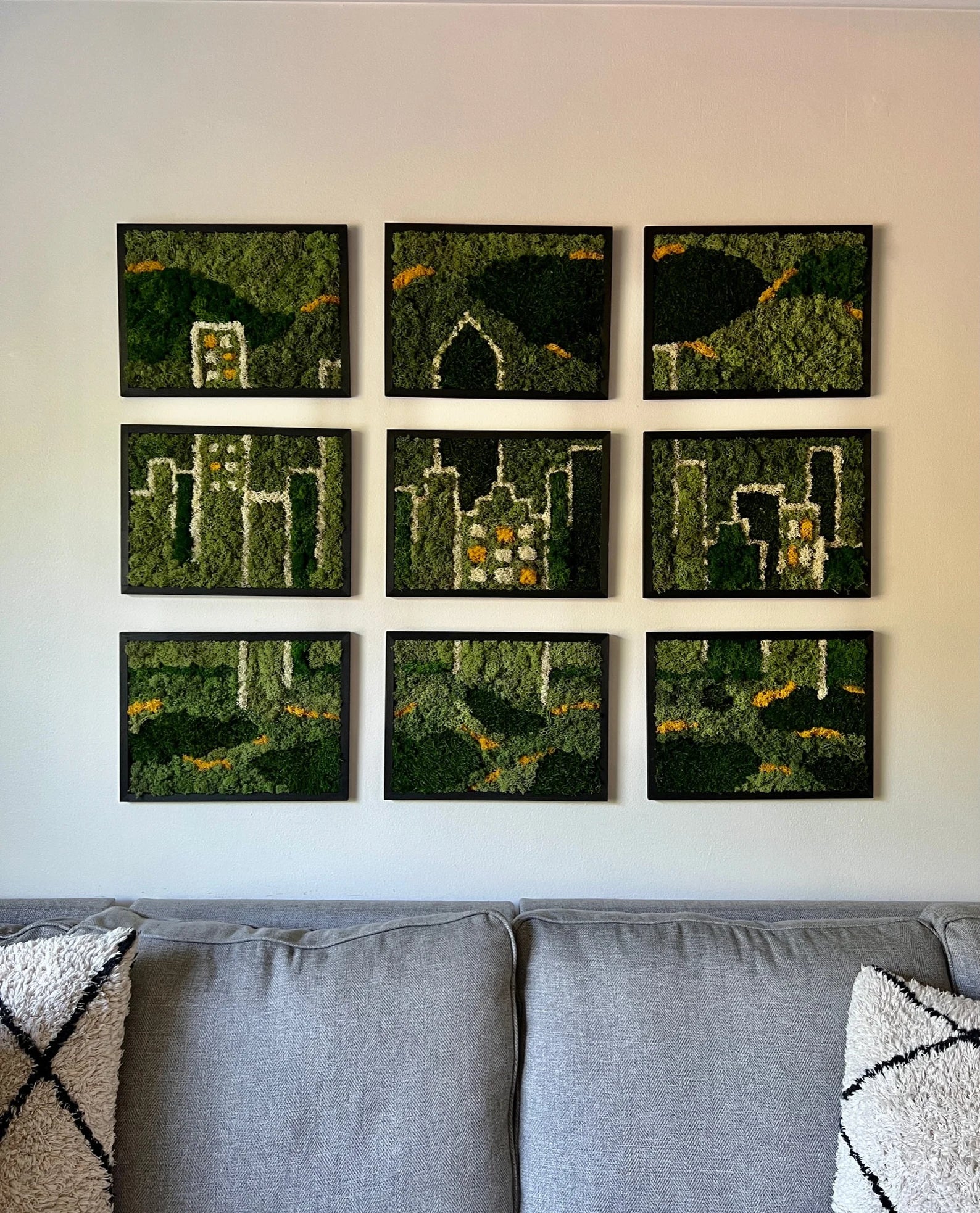 Moss Wall Art – Preserved Moss Wall Decor with Nine Rectangle Wood Frames | City Skyline Design