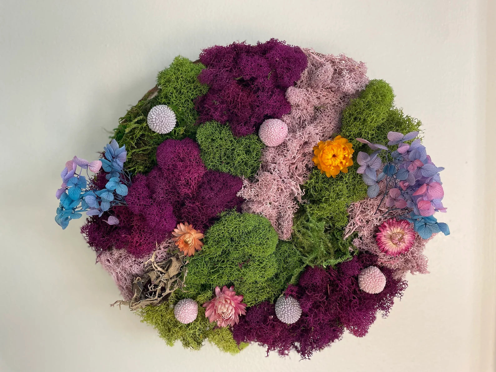 Moss Art on Wood Slice – Purple Meadows Nature Wall Decor (10x10”)