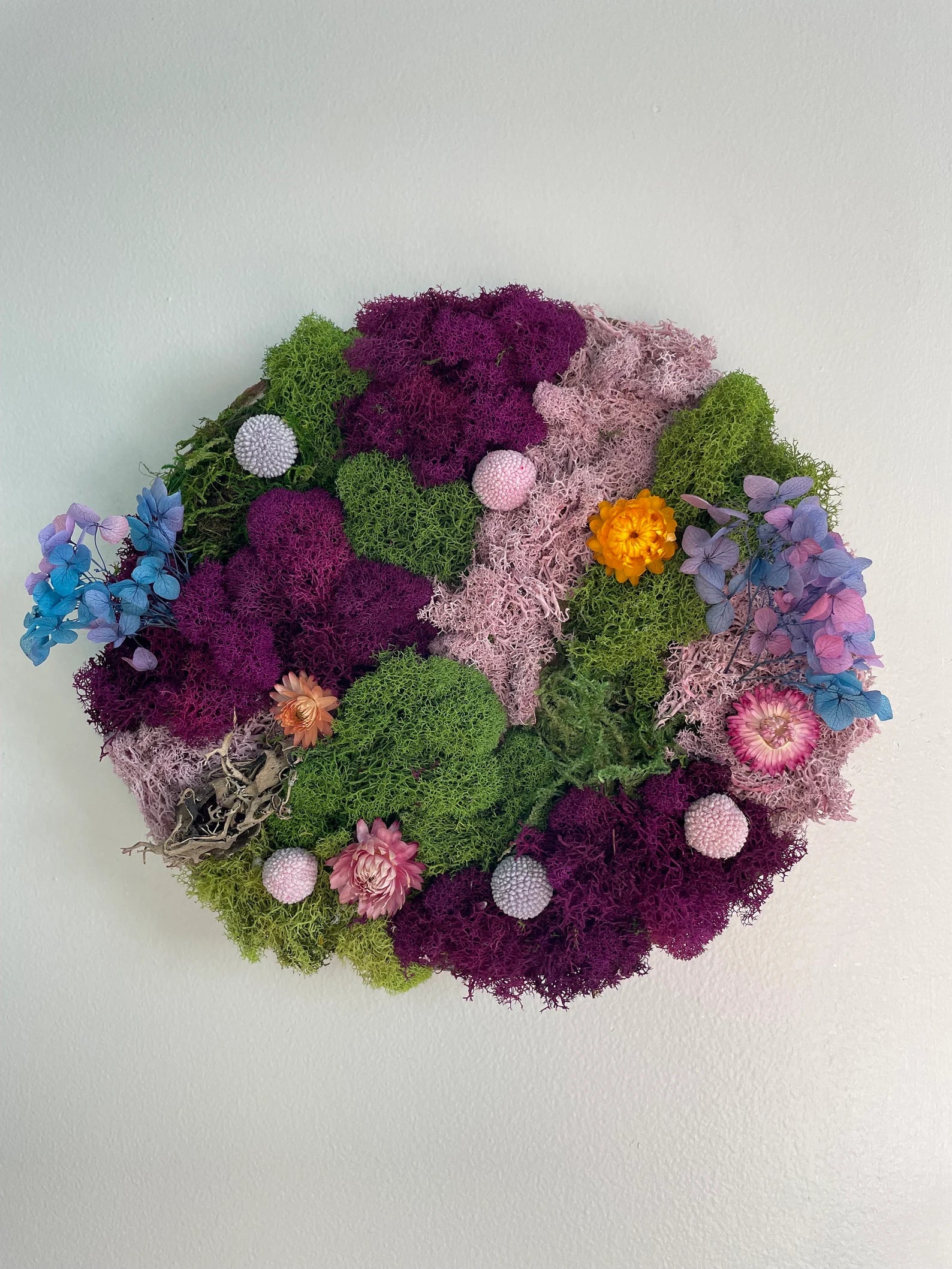 Moss Art on Wood Slice – Purple Meadows Nature Wall Decor (10x10”)