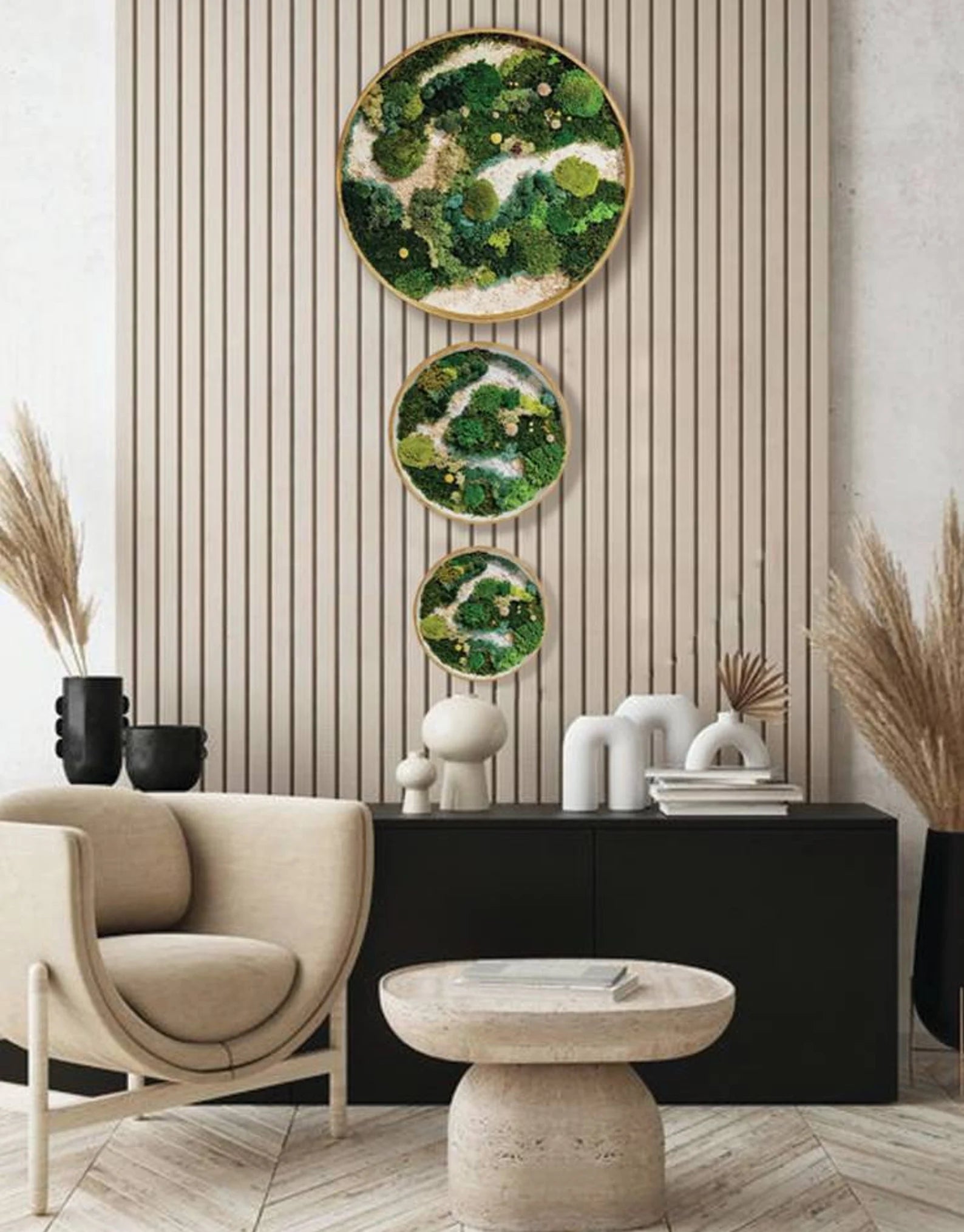Eco-Friendly Moss Wall Art – Round Wooden Frame Greenery for Home