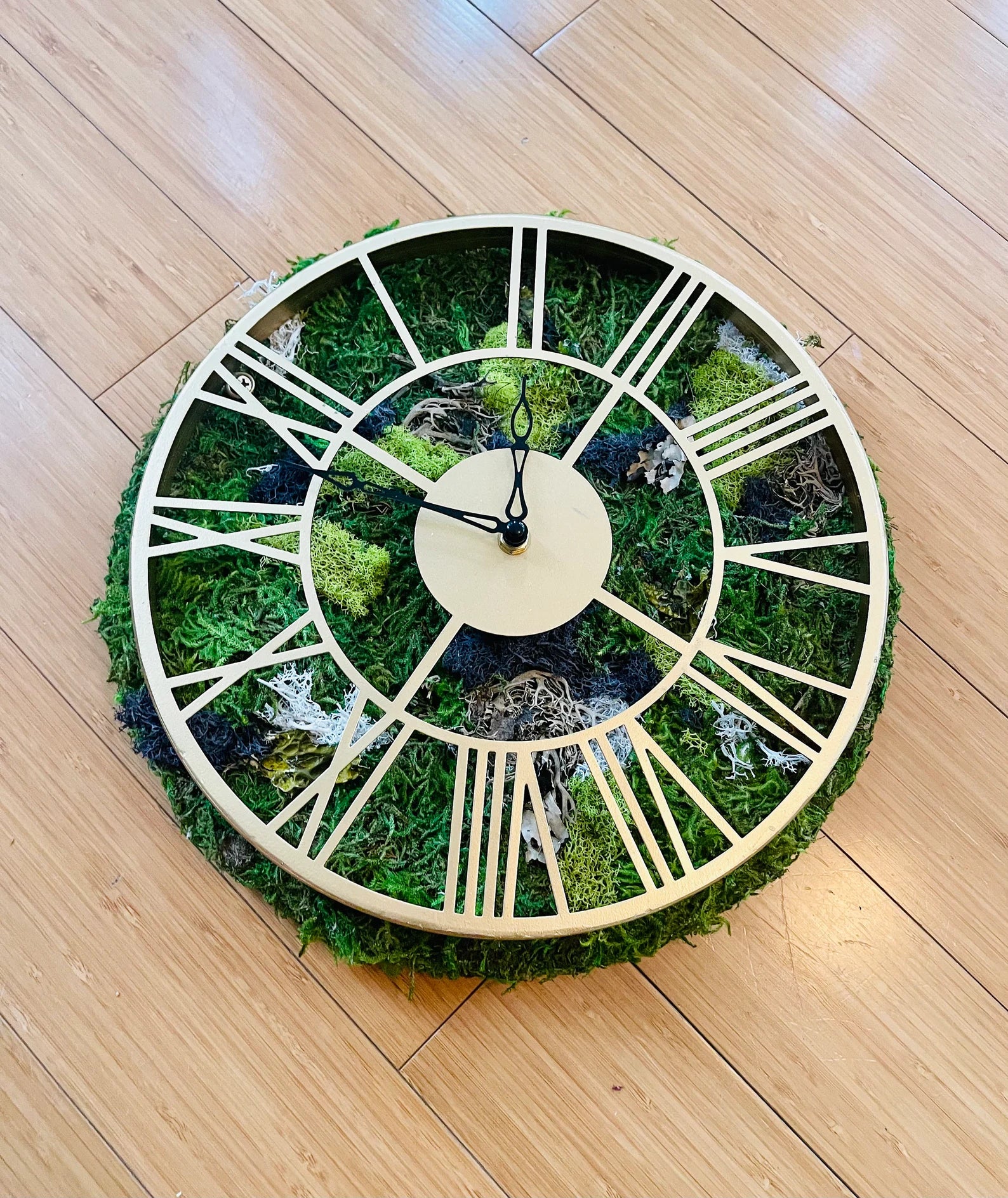 Moss Wall Clock with Gold Roman Numerals – Preserved Moss Art for Modern Home Decor