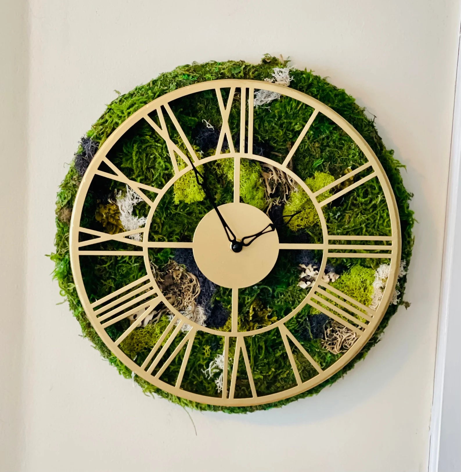 Moss Wall Clock with Gold Roman Numerals – Preserved Moss Art for Modern Home Decor
