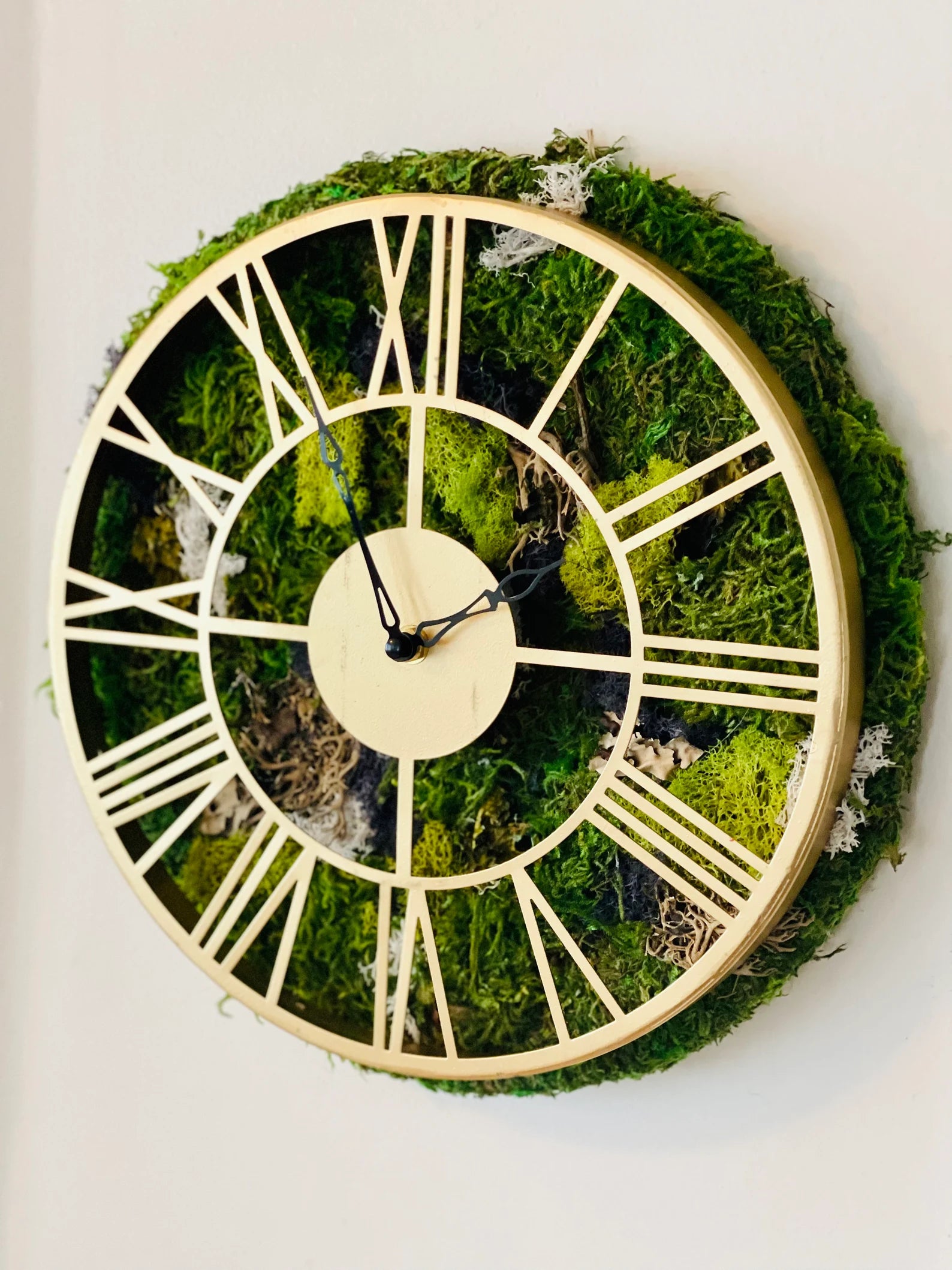 Moss Wall Clock with Gold Roman Numerals – Preserved Moss Art for Modern Home Decor