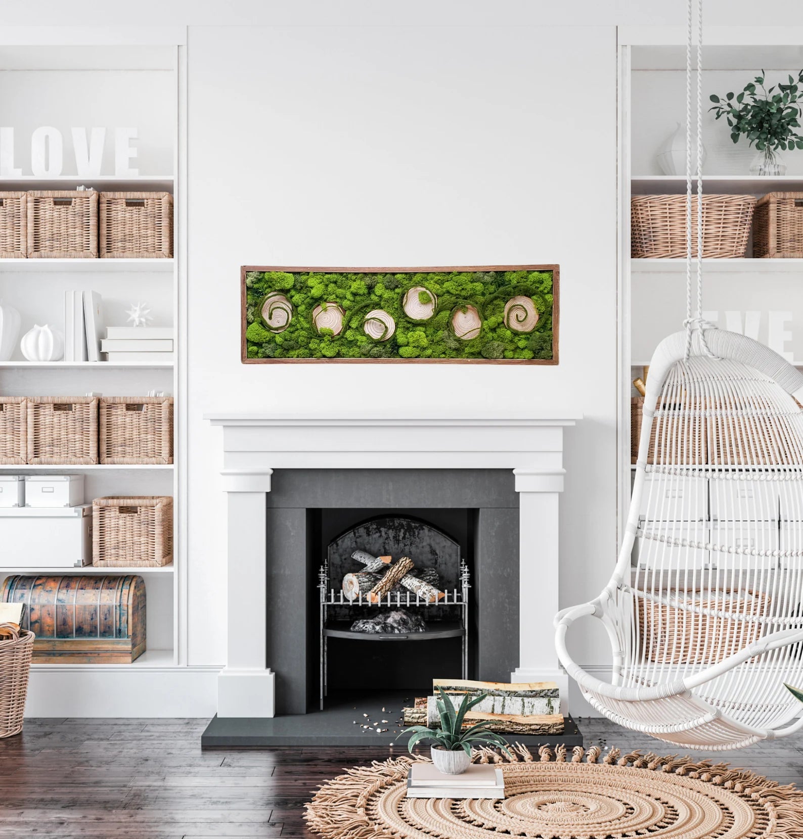 Wood Slice Moss Wall Art – Preserved Green Moss Picture | Farmhouse Decor with Natural Frame