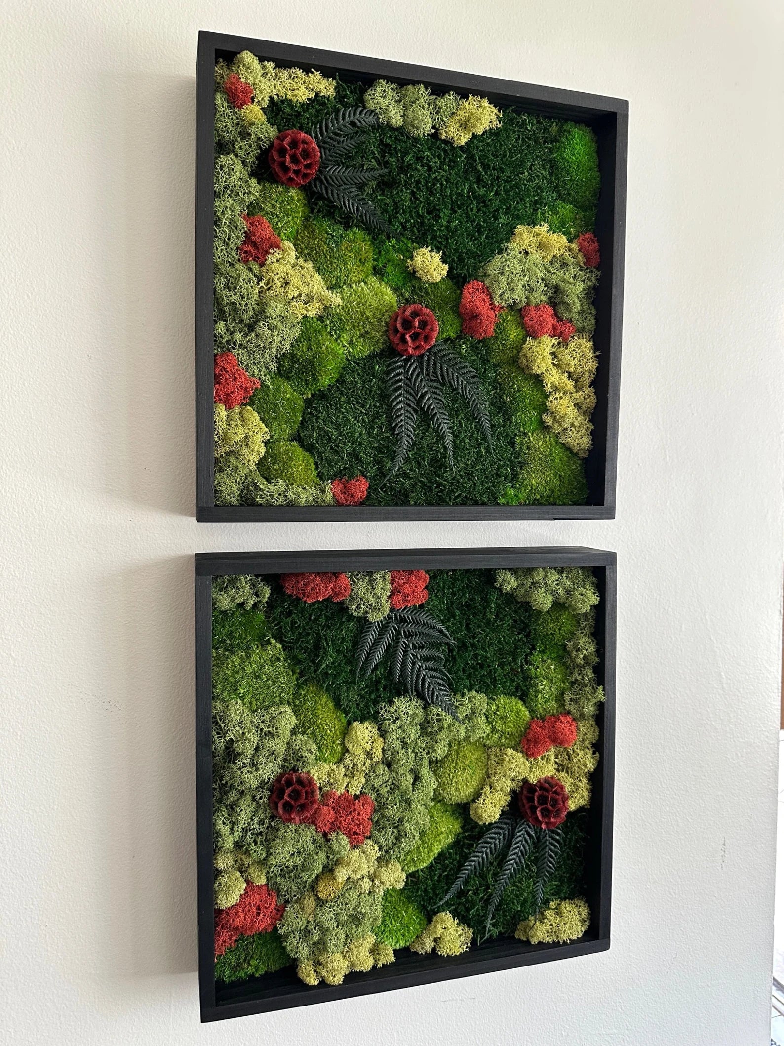 Square Moss Wall Art – Preserved Moss Frame with Flowers & Fern
