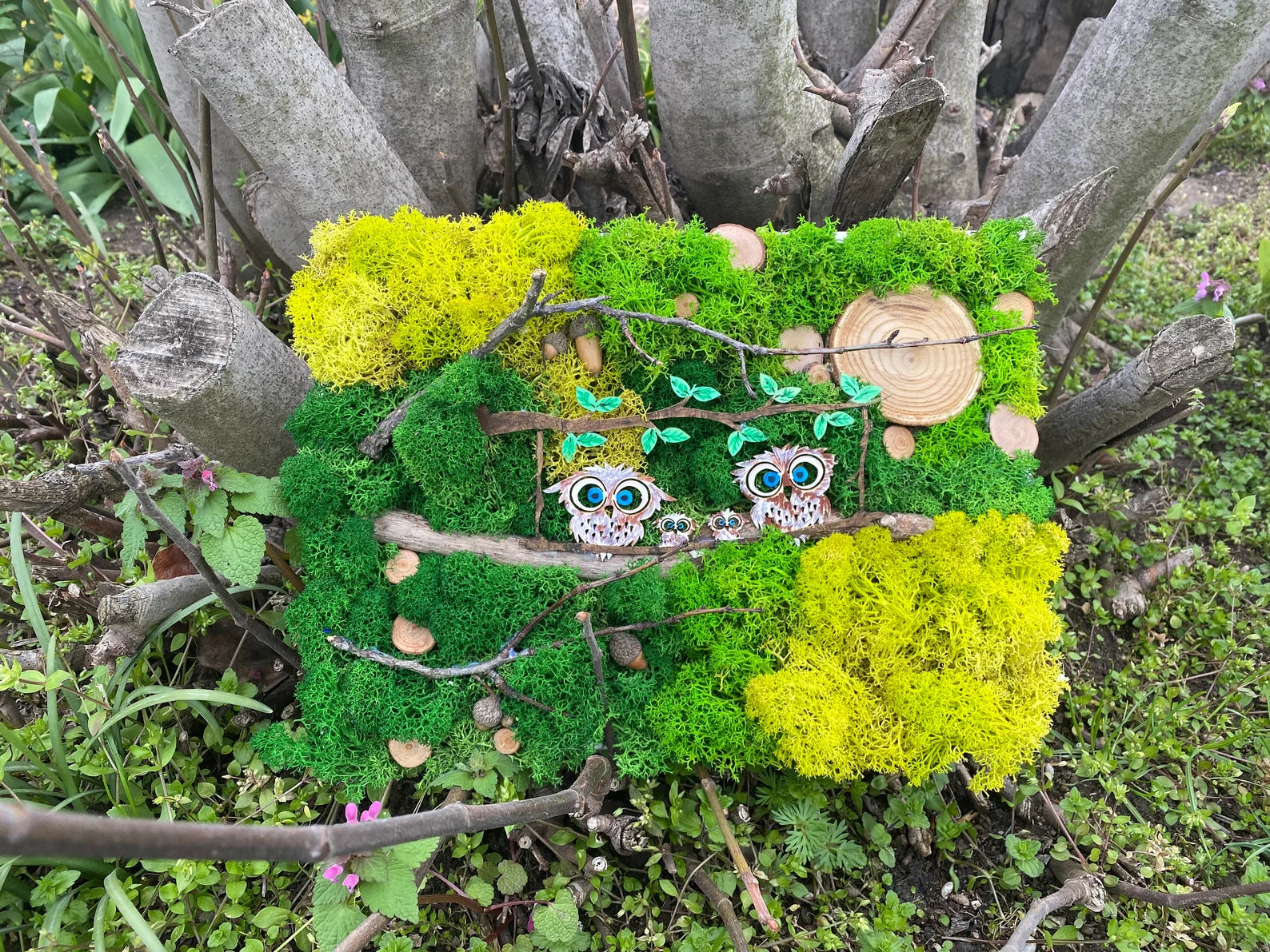 Handmade Wood Owls Moss Art | Minimal Scandinavian Décor