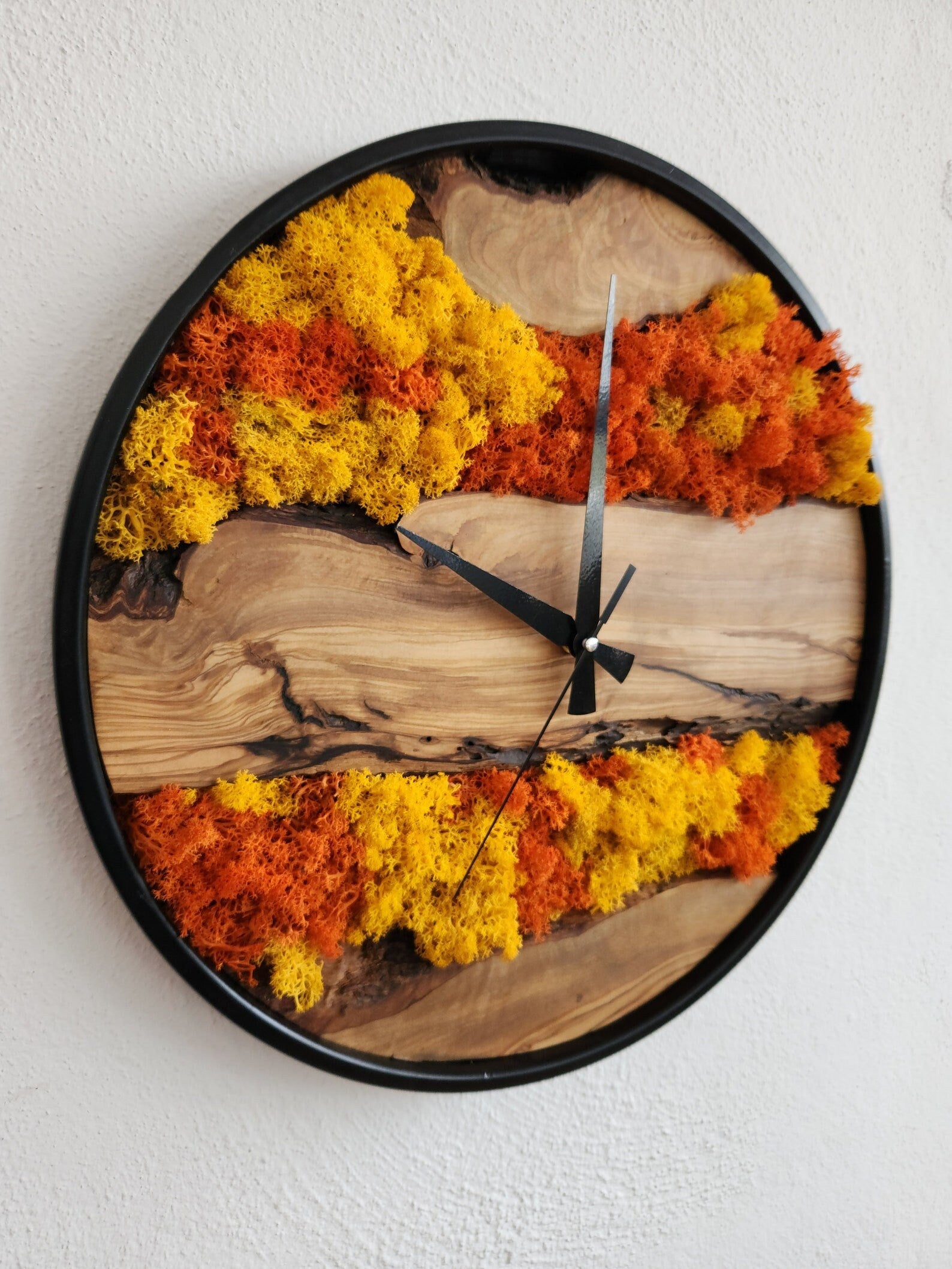 Handmade Moss and Olive Wood Wall Clock – Boho Home Decor
