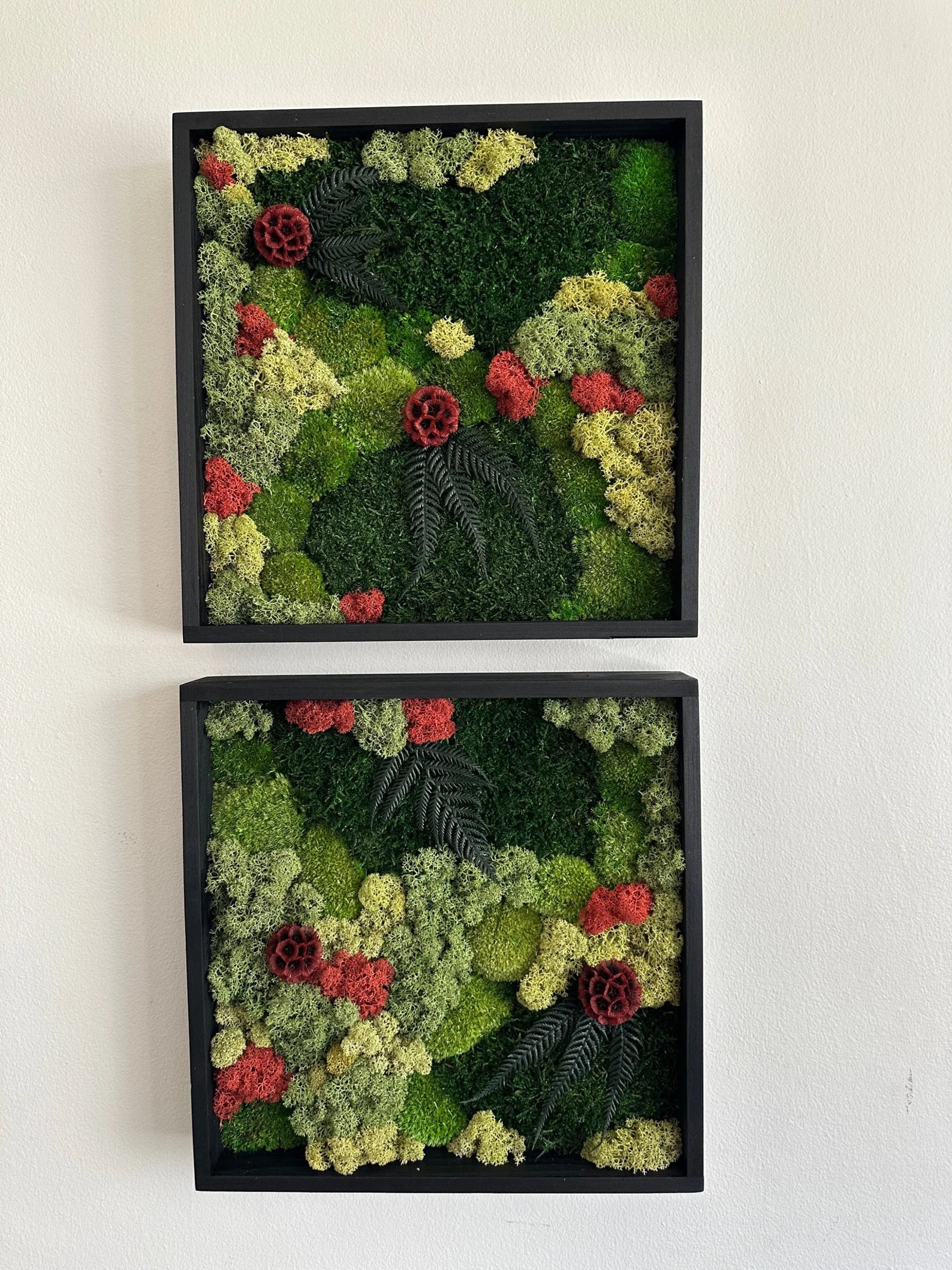 Square Moss Wall Art – Preserved Moss Frame with Flowers & Fern