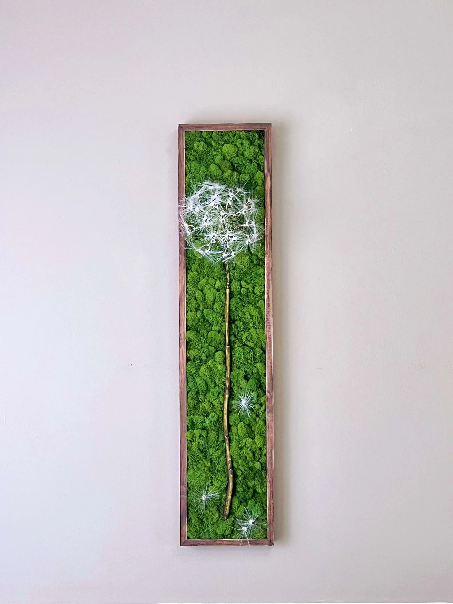 Preserved Moss Wall Art – Dandelion Design, Natural Wood Frame (36x8")