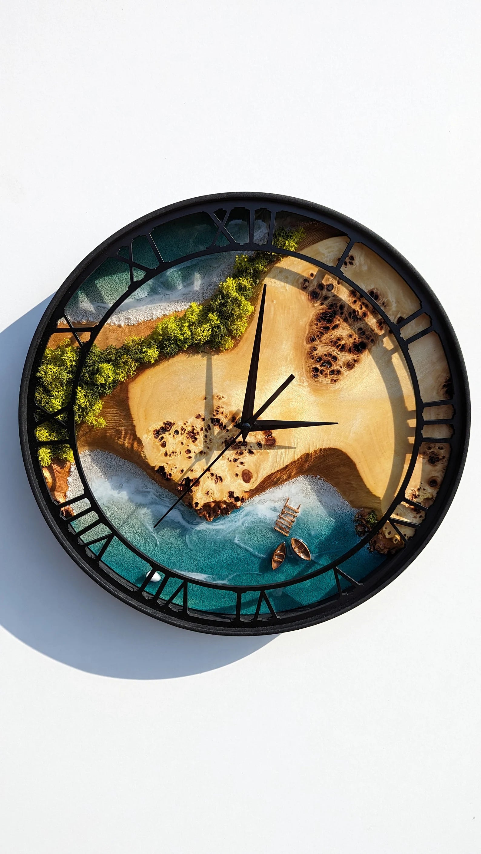 Moss Wood Wall Clock – Handmade Wooden & Metal Clock, Epoxy Resin Design, Preserved Stabilized Moss Wall Art