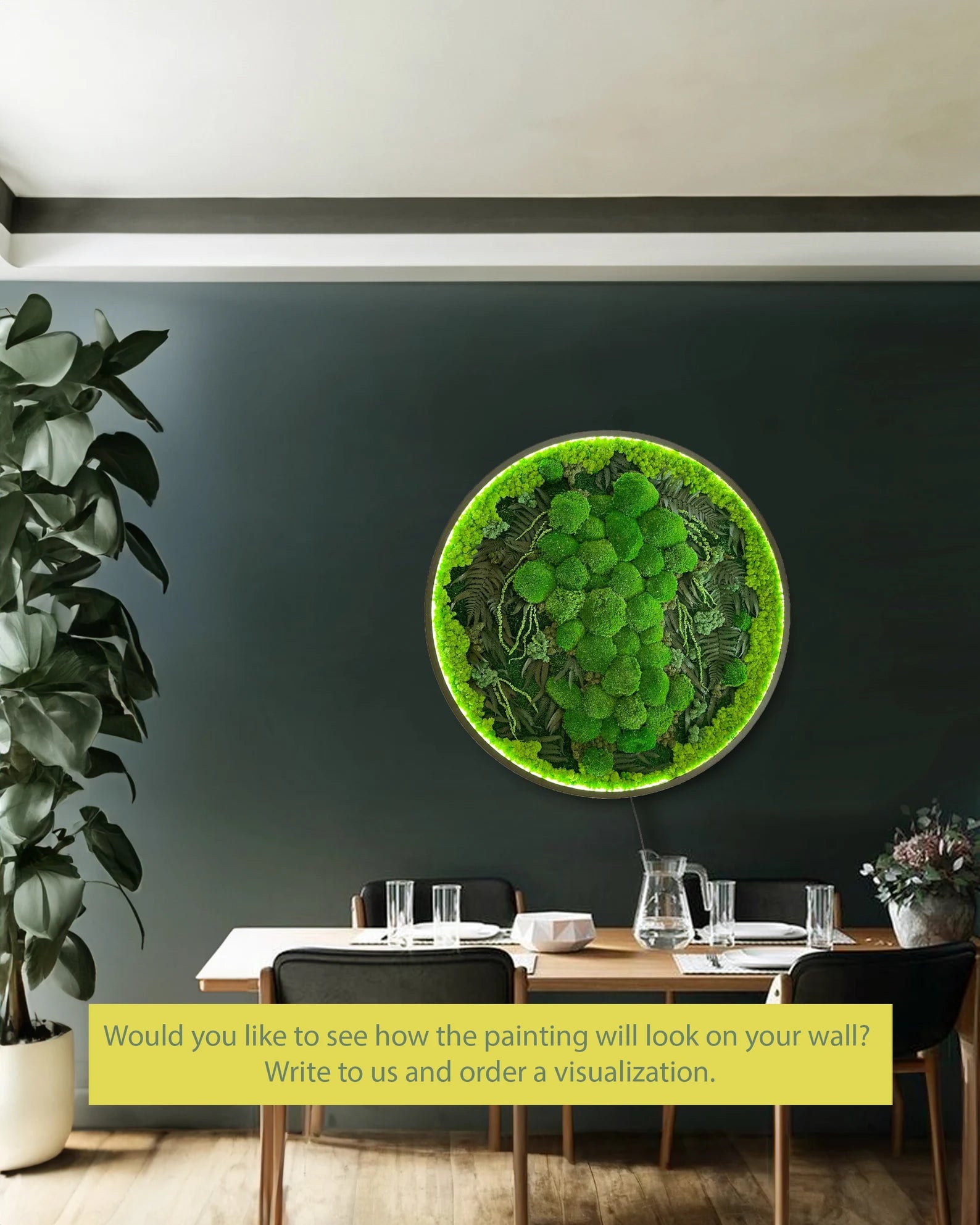 Extra Large Round Moss Wall Art with LED – Circle Framed Green Wall Decor, New Home Gift