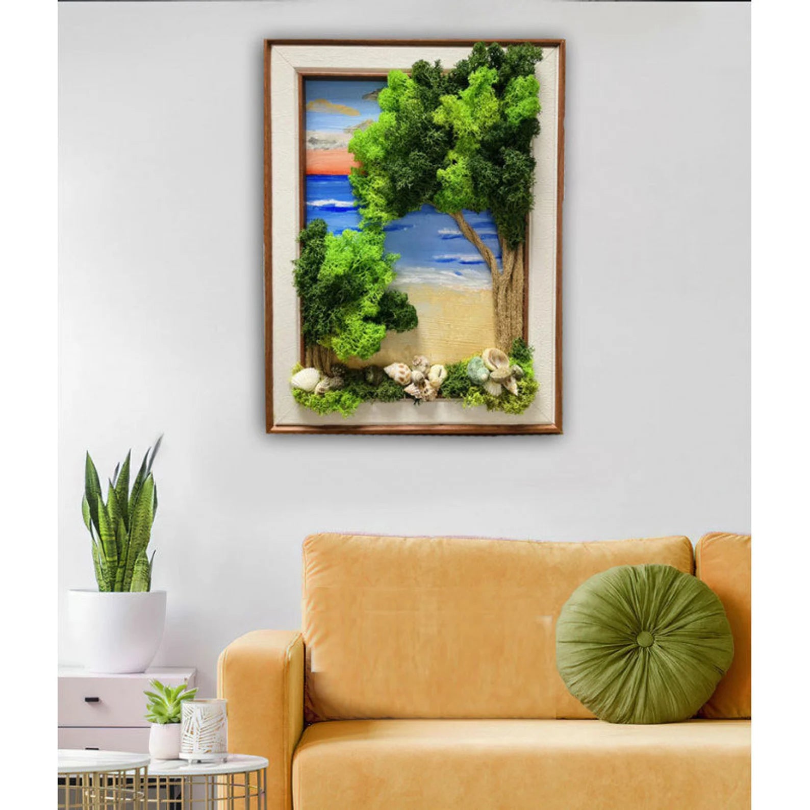 Hand-Painted Tree of Life Moss Wall Art – Framed Sea-Inspired Picture for Home & Wedding Decor