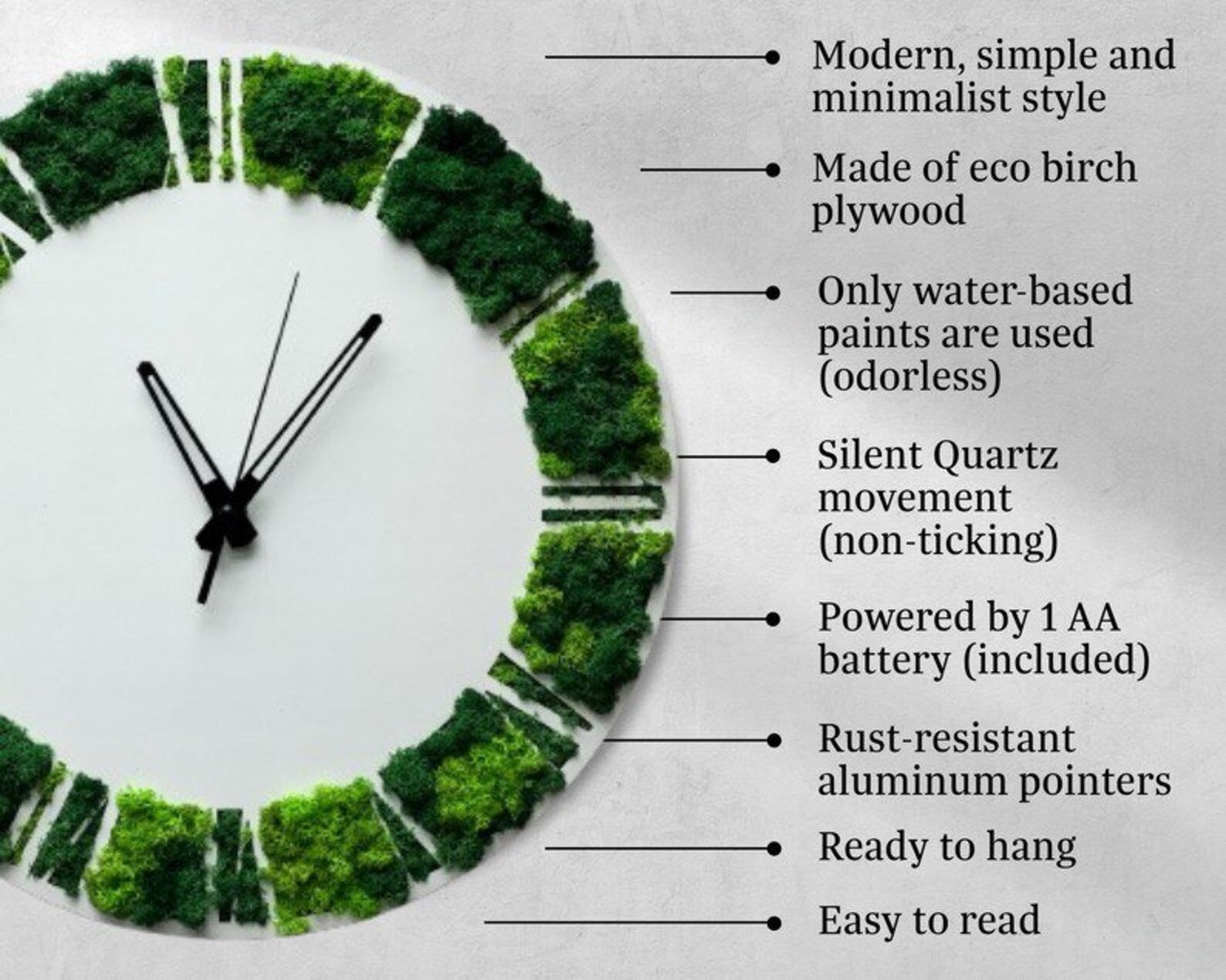 White Wooden Moss Wall Clock – Silent Botanical Wall Décor for Modern Eco Homes