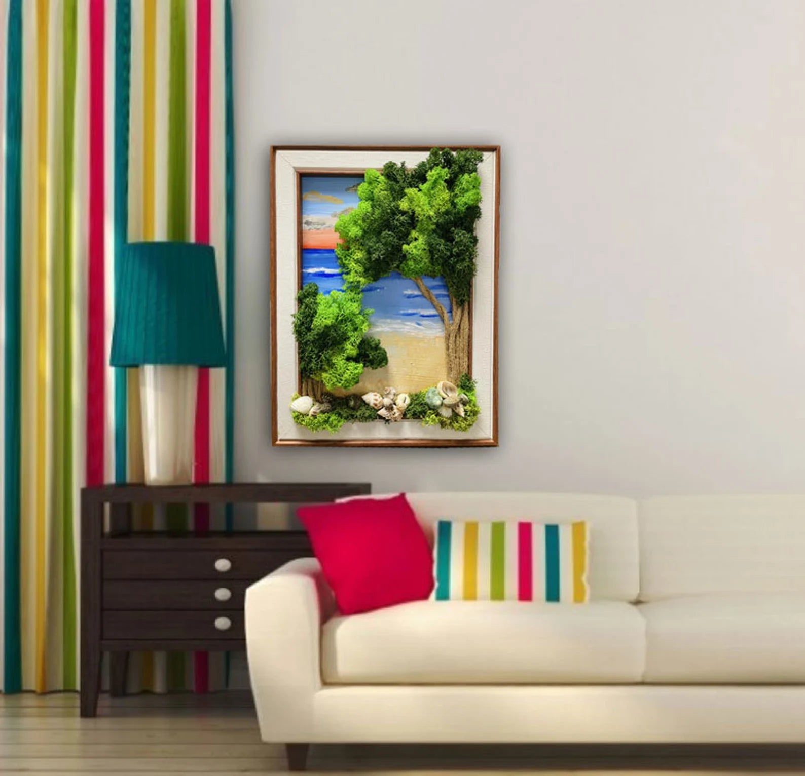 Hand-Painted Tree of Life Moss Wall Art – Framed Sea-Inspired Picture for Home & Wedding Decor